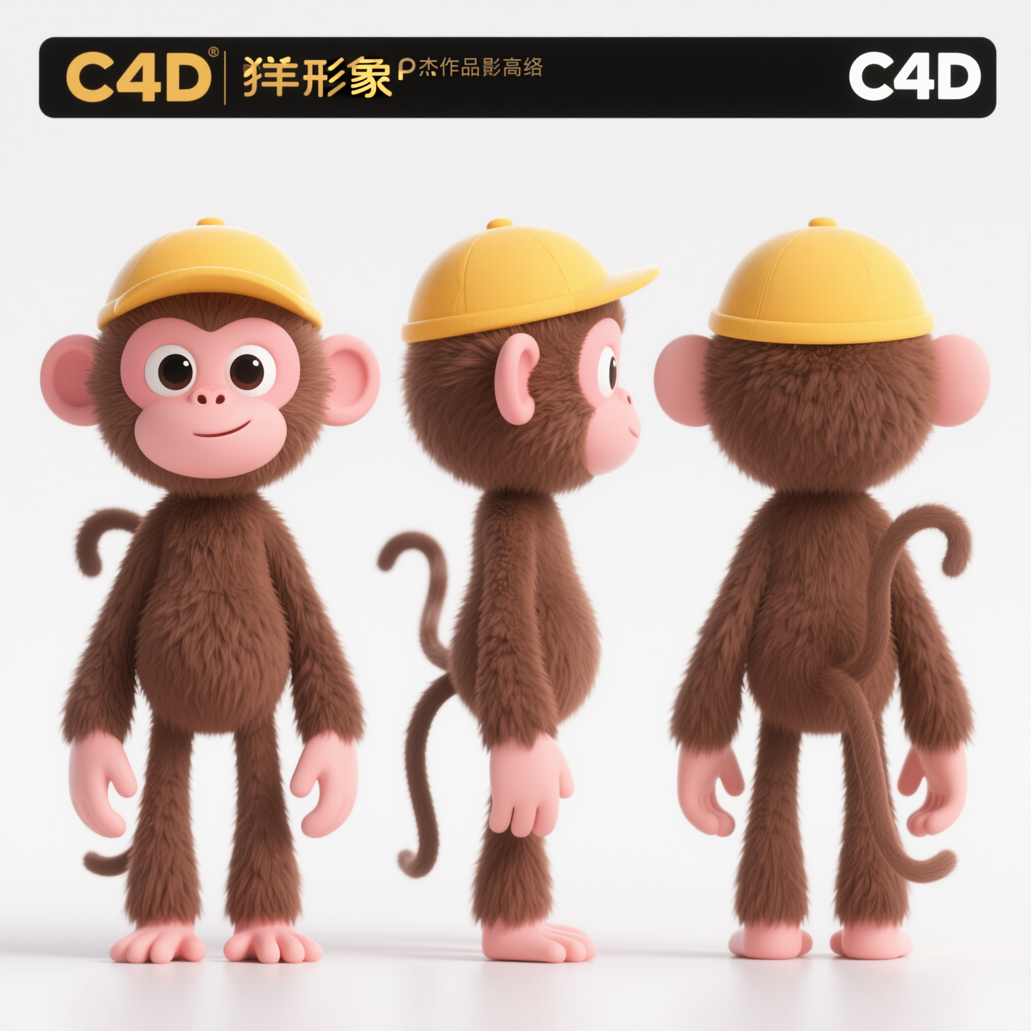 动物ip猴子,卡通生肖猴IP形象三视图,棕色毛发桃色面部,活泼拟人身材,机灵大眼睛尖耳朵,佩戴黄色帽子,调皮站立姿态,身高比例1:1头身比,C4D三维建模风格,OC渲染技术,杰作品质,角色三视图布局:正面视图,背面视图,左侧视图,三个视图大小完全一致,纯白色背景,专业电影级3D渲染效果,风格统一