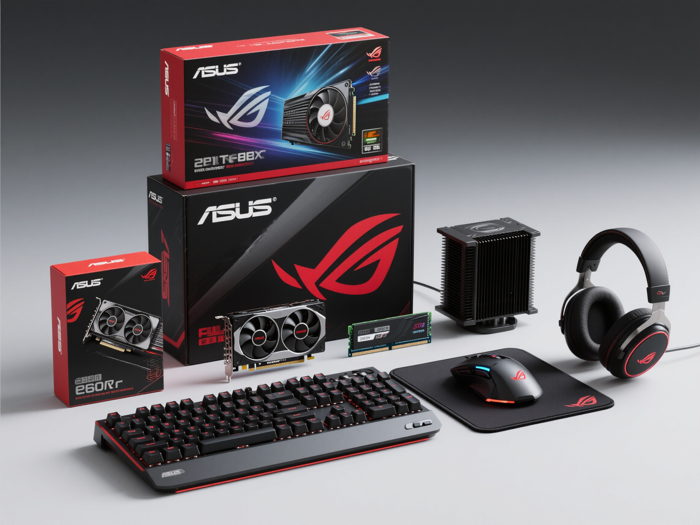 华硕电脑配件样机包装,帮我生成几张高端电子产品华硕的品牌样机包装,有显卡,CPU,内存条,固态,散热器,游戏键盘,游戏鼠标,鼠标垫,游戏耳机,比例为4:3