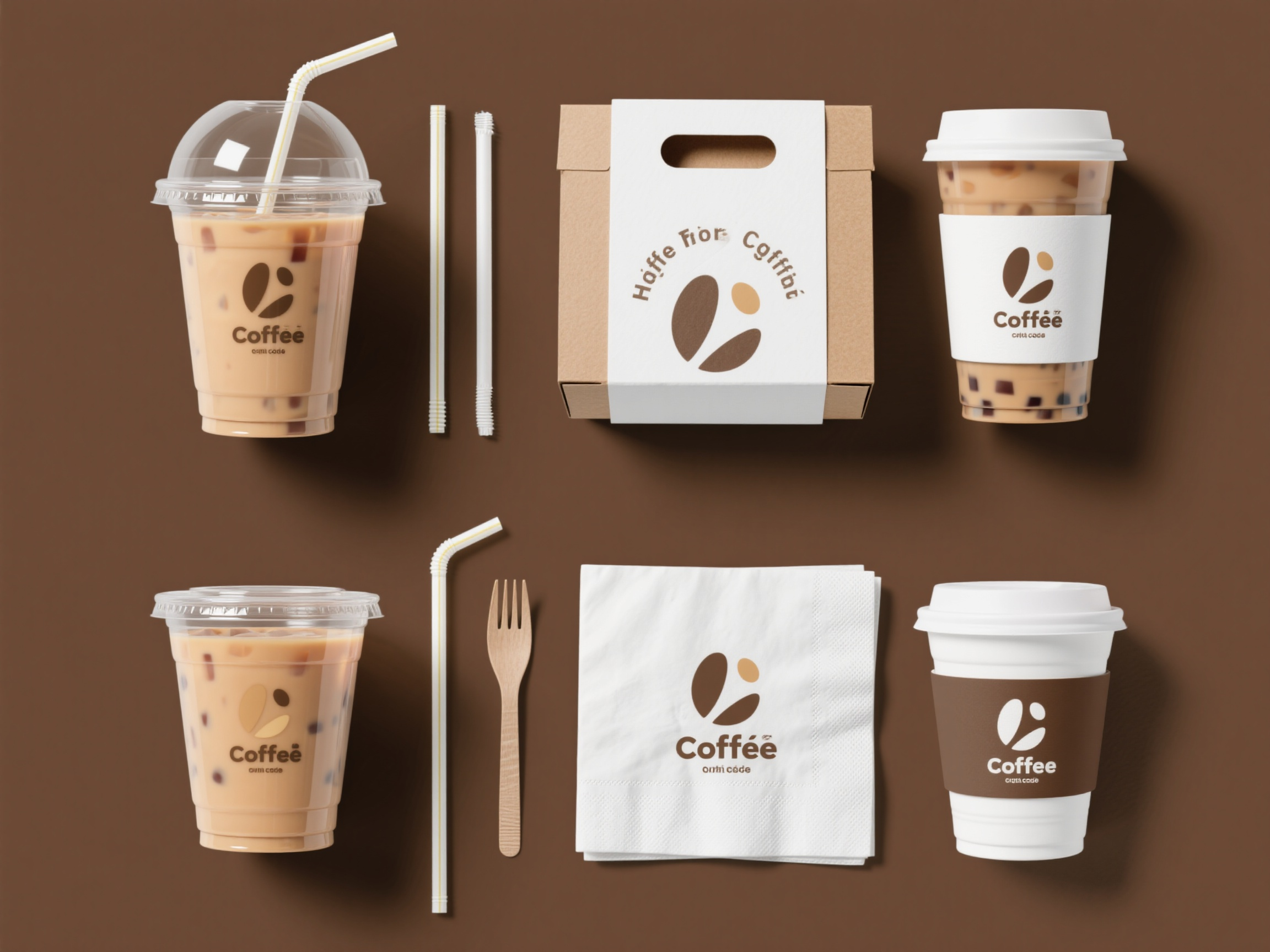 咖啡店样机包装,帮我生成几张咖啡店的品牌样机包装,有一次性餐具,塑料一次性奶茶杯,吸管,餐巾纸,盒子,比例为4:3