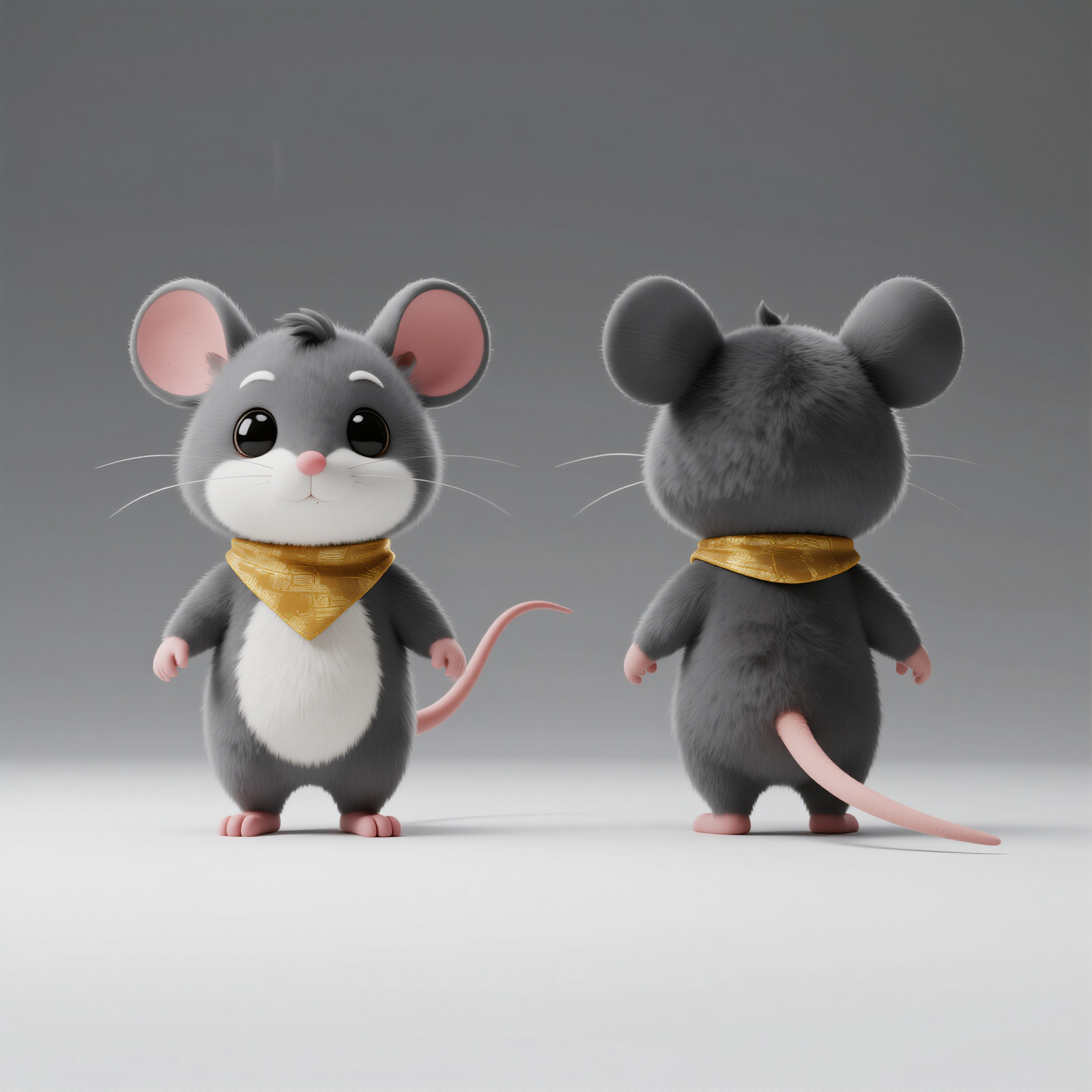 动物ip老鼠,萌系生肖鼠IP角色三视图,灰色毛发白色肚皮,小巧机灵身材,黑豆眼睛,粉色小耳朵,长细尾巴,佩戴金黄色小围巾,双足直立姿态,身高比例1:1.6头身比,C4D三维建模风格,OC渲染技术,角色三视图布局:前视图,后视图,侧视图,视图大小保持统一,白色底色,电影级渲染品质