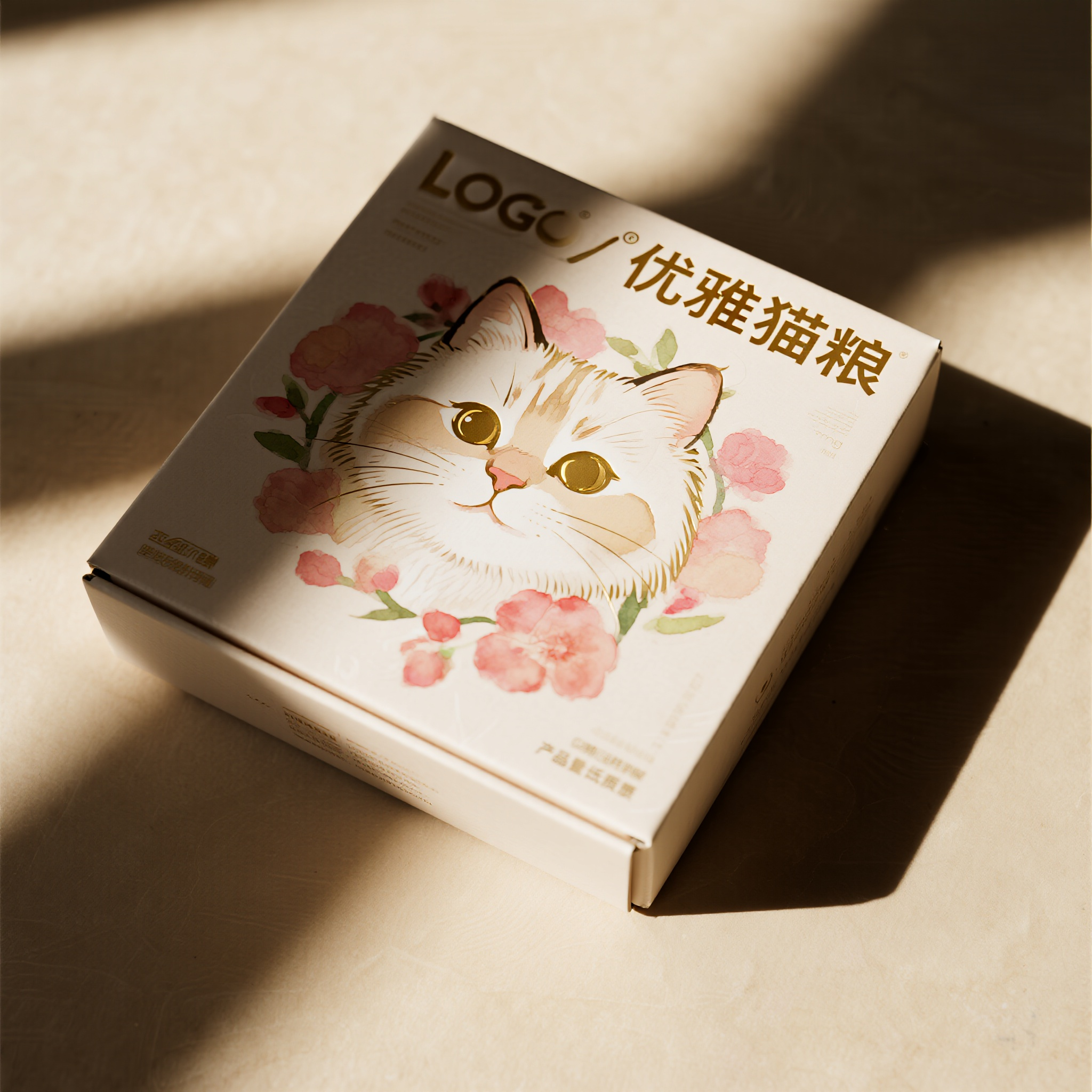 猫粮电商图,优雅猫粮纸盒包装,米白色纸质包装盒,水彩风格猫咪图案,淡粉色花朵装饰,烫金品牌LOGO,手绘艺术风格,产品斜角摆放,温暖自然光照,文艺清新感,商业摄影