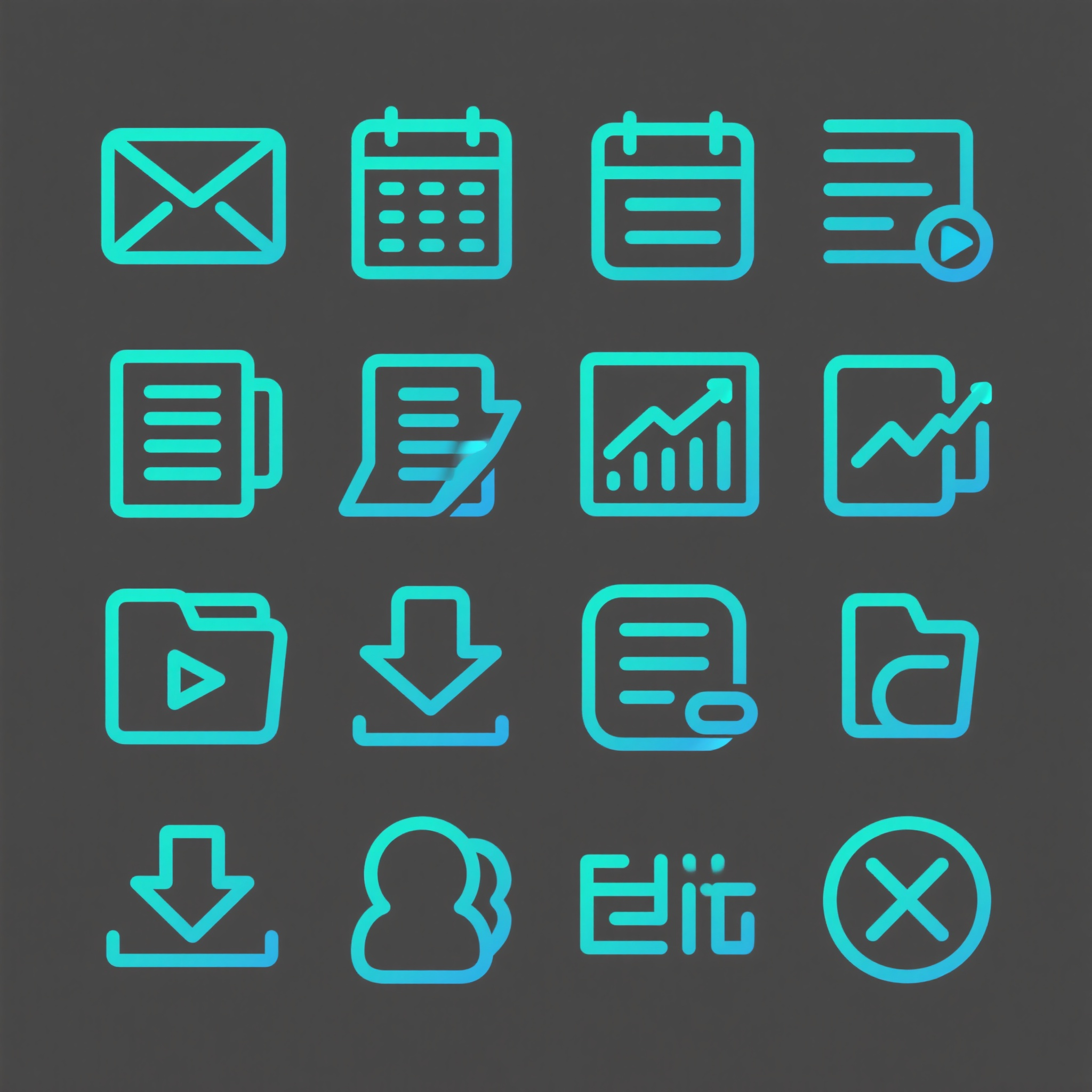 科技线性图标,线性UI图标设计,科技办公图标套装,包含邮件、日历、文档、图表分析、视频通话、文件夹、下载上传、分享、编辑、删除等功能图标,细线条勾勒,蓝绿色渐变线条,白色背景,统一2px线宽,圆角处理,现代简约风格