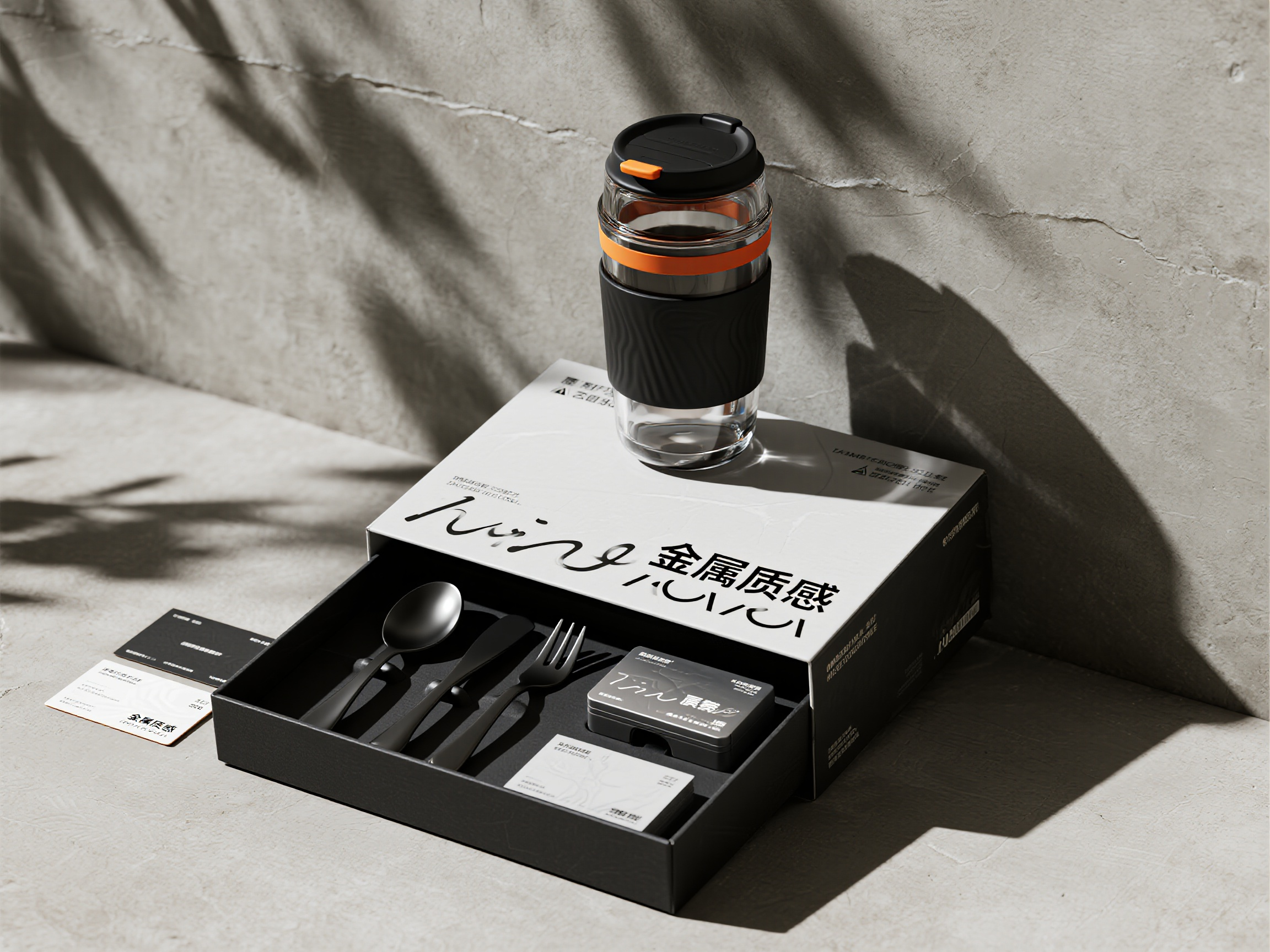 品牌餐具样机包装,工业风包装样机组合,黑色金属质感礼盒,透明水杯配橙色警示条纹,黑色塑料餐具,工业字体餐巾纸包装,金属质感名片,混凝土背景展示,强烈对比光线,工业设计风格