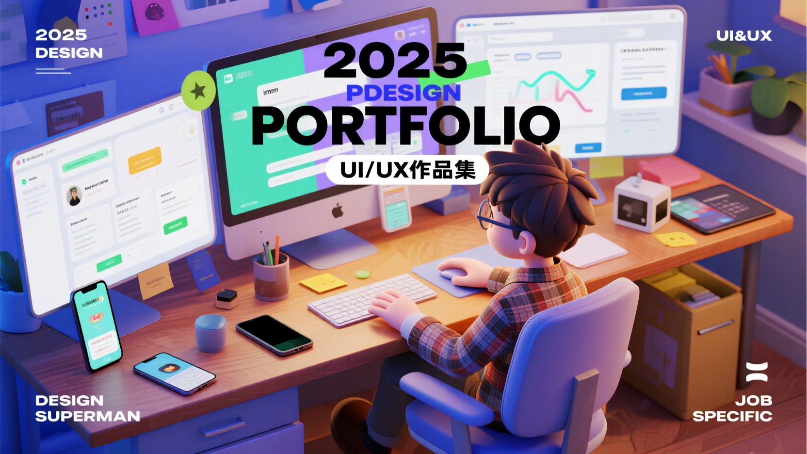 作品集,作品标题“2025 PDESIGN PORTFOLIO”,以及“UI/UX作品集”大字体呈现。左上角“2025 DESIGN”,左下角“DESIGN SUPERMAN”,右上角“UI&UX”,右下角“JOB SPECIFIC”,主画面中间,一名男孩UI设计师,身着格纹外套,坐在Imac一体机电脑前进行设计稿创作,营造创意、新奇氛围,暗示活动充满创意玩法。桌上手机、ipad,背景不要过于突出,应该淡化突出人物,背景有UI界面、Web网页界面、界面原型图、手机模型,整体布置为设计师的工位,体现UI设计师的工作创意属性,注意人物的比例属性要符合现实,风格为卡通3D渲染。