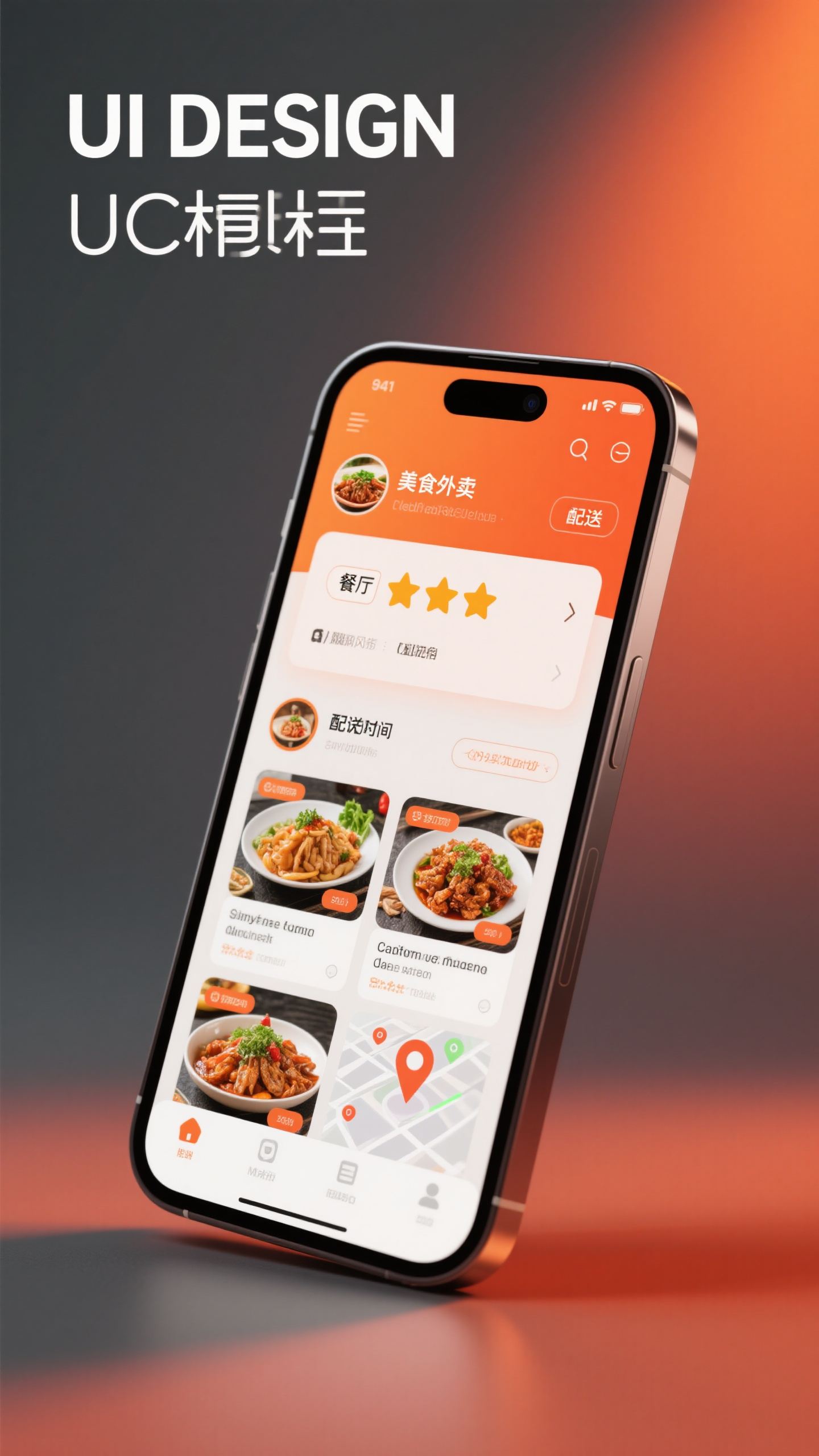 UI手机效果图,美食外卖UI样机,暖色调橙红渐变,餐厅卡片布局,菜品图片展示,评分星级显示,配送时间标识,地图定位功能,手机斜角展示,美食摄影光效,餐饮服务风格
