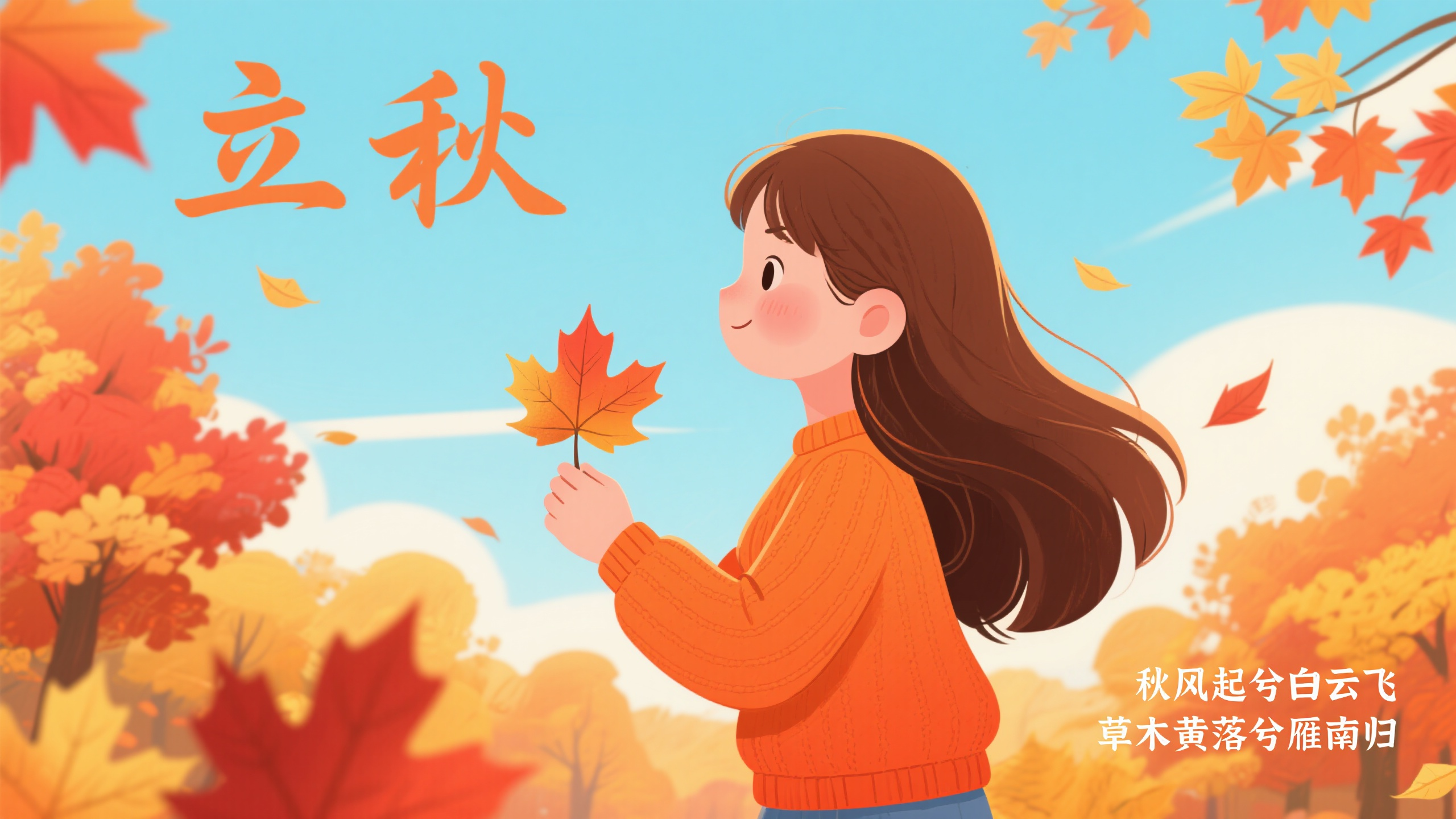 插画banner立秋,立秋节气平面插画banner,清纯女孩在枫叶林中漫步,穿橙色针织衫,棕色长发,手捧落叶,枫叶渐变红黄,微风轻拂,大标题"立秋"位于画面左上角,书法字体,小字介绍"秋风起兮白云飞,草木黄落兮雁南归"位于右下角,多巴胺配色,枫叶橙红渐变、金黄落叶、天空淡蓝、暖阳橘色,平面插画风格,画风精致细腻,氛围诗意温馨