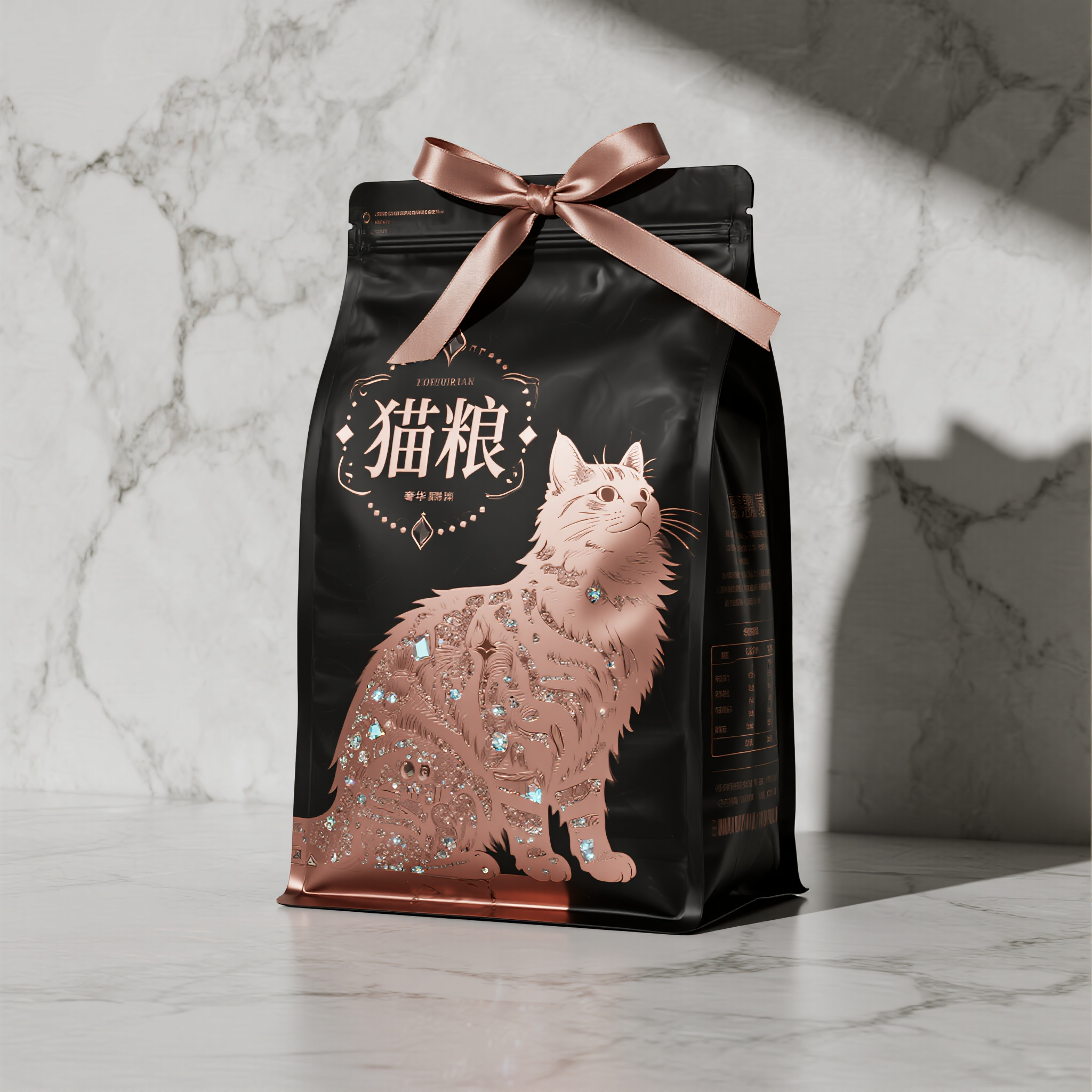猫粮电商主图,奢华猫粮包装,黑色磨砂铝箔袋,玫瑰金色浮雕LOGO,钻石纹理装饰,高级缎带封口,包装正面有优雅长毛猫剪影,产品立体展示在大理石背景,顶级商业摄影,柔和侧光,奢华质感,高端宠物食品