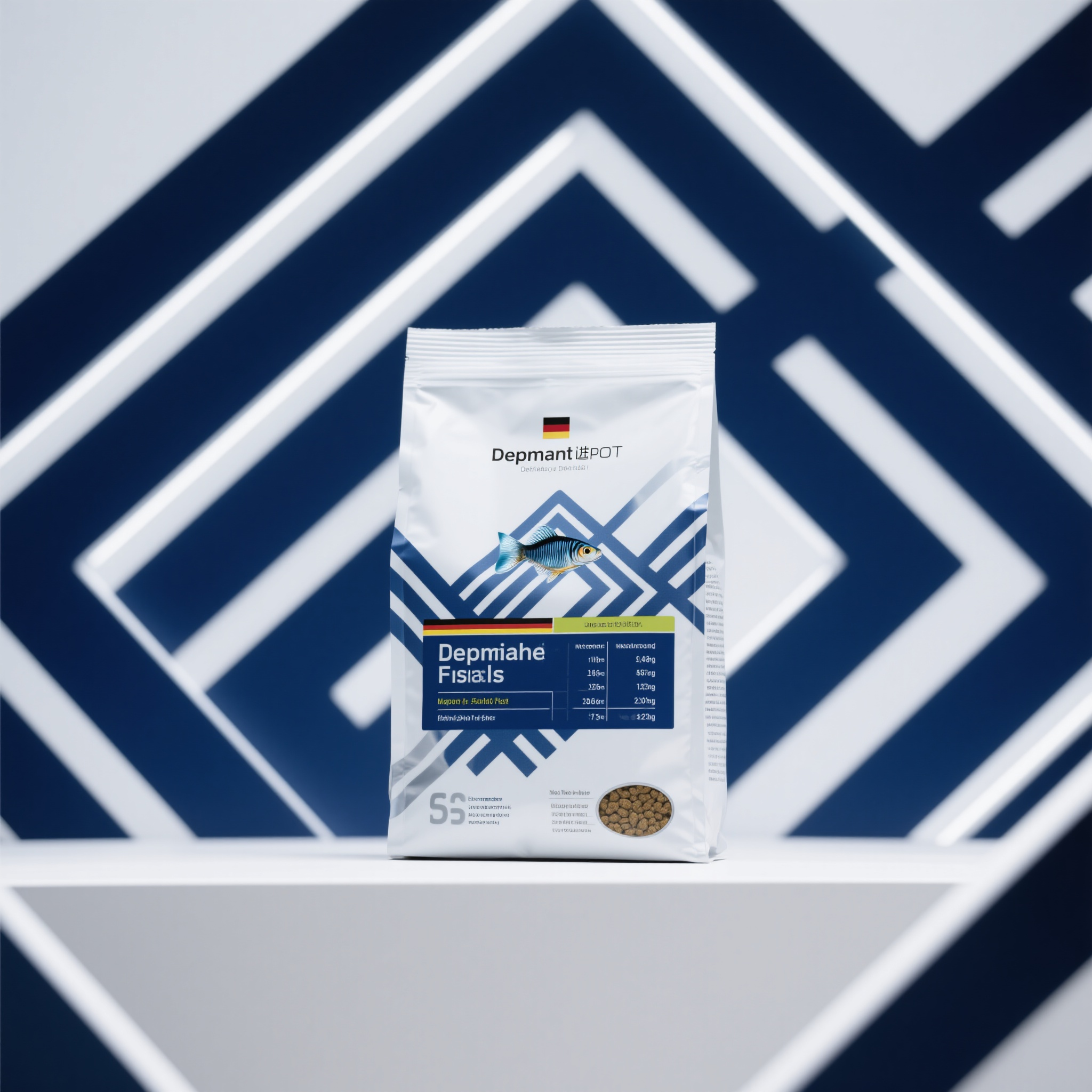 观赏鱼粮电商主图,德国进口观赏鱼粮包装,纯白背景配深蓝色几何图案,现代极简设计风格,精确营养成分图表,德式工艺标识,高科技感材质,产品居中展示,冷光照明,科技专业感,高端进口品质