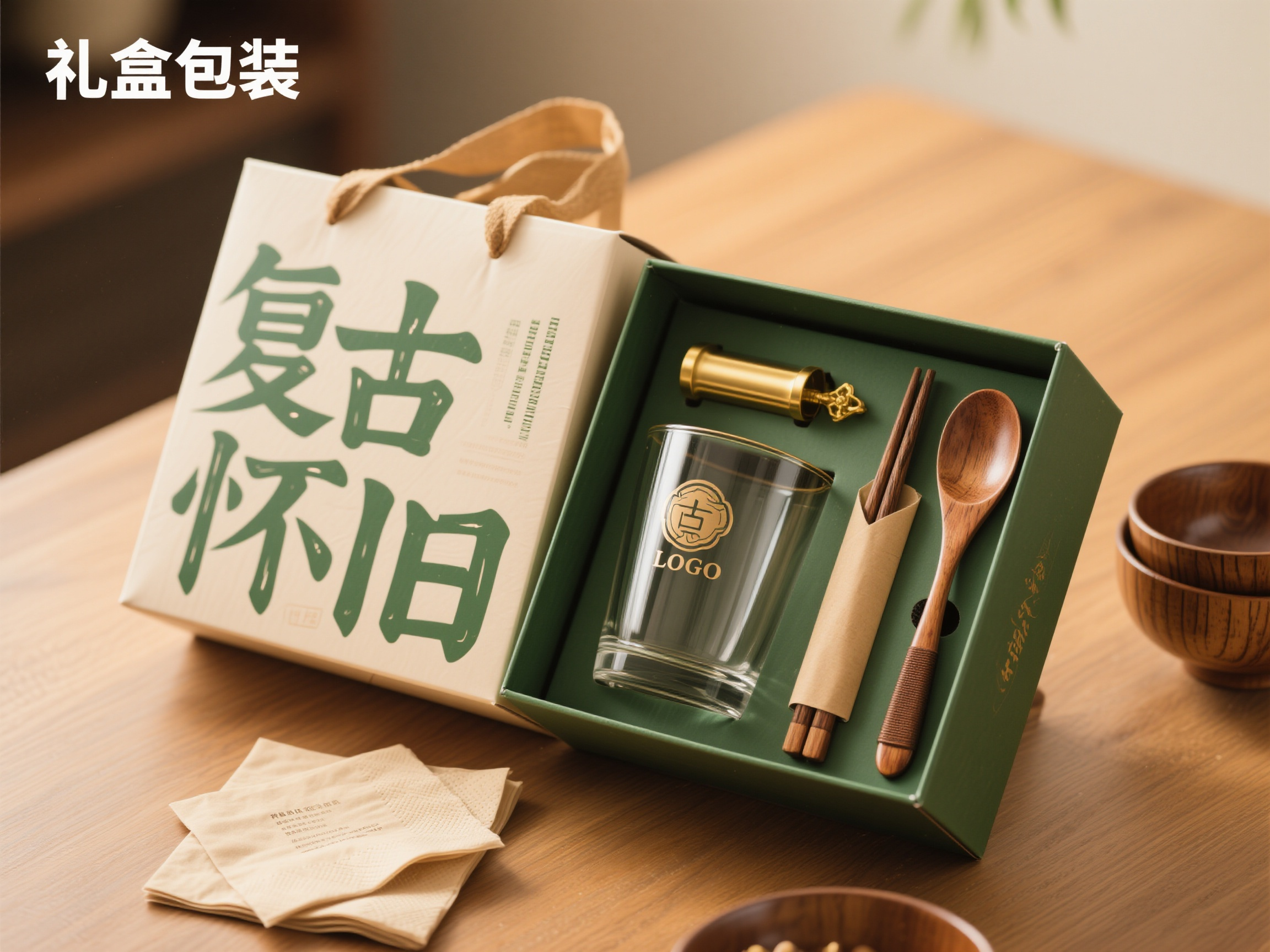 品牌餐具样机包装,复古怀旧包装样机,复古绿色礼盒配黄铜装饰元素,玻璃质感水杯印有复古LOGO,仿木纹餐具套装,牛皮纸餐巾纸包装,复古字体名片,暖色木质背景,怀旧温暖光线,复古怀旧风格
