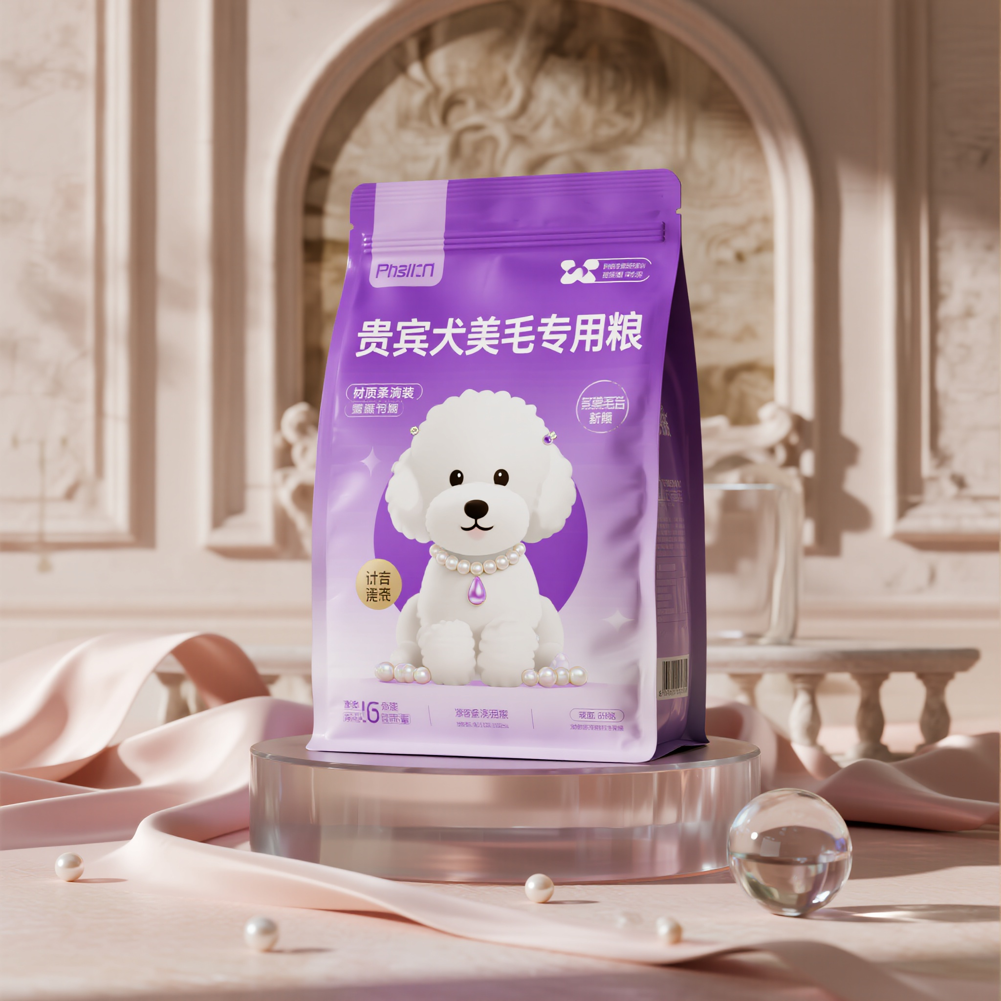 宠物狗粮电商主图,贵宾犬美毛专用粮,优雅紫色渐变包装,精致白色贵宾犬造型,珍珠光泽装饰元素,法式优雅字体,丝绸质感材料,水晶透明窗口,产品正面展示,柔美紫色光晕,法式奢华美学