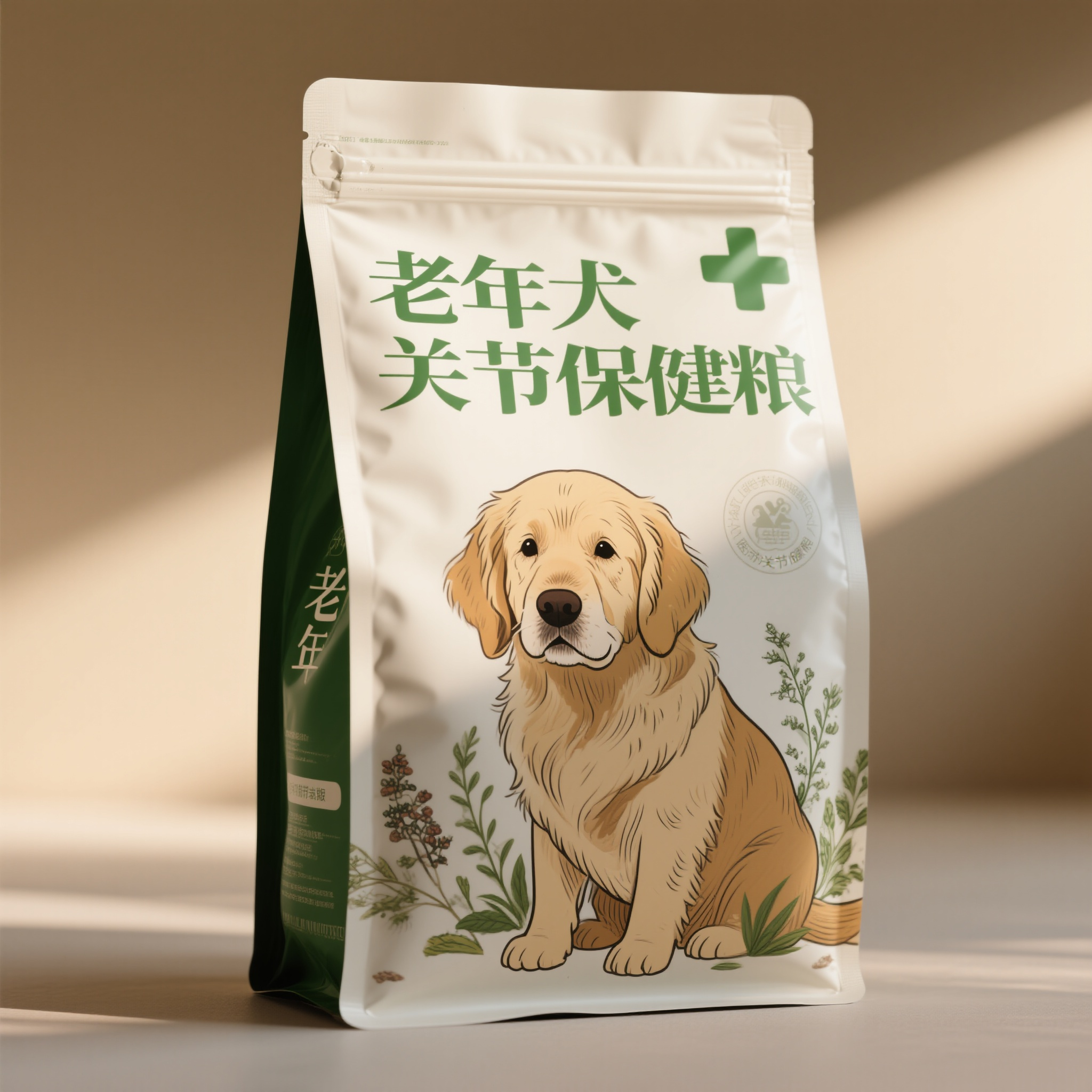 宠物狗粮电商主图,老年犬关节保健粮,温暖米色背景,慈祥老年金毛犬插画,草本植物装饰图案,医疗级包装设计,健康绿十字标识,高级密封技术,产品展示在柔和背景,关爱温馨光线,医疗保健风格