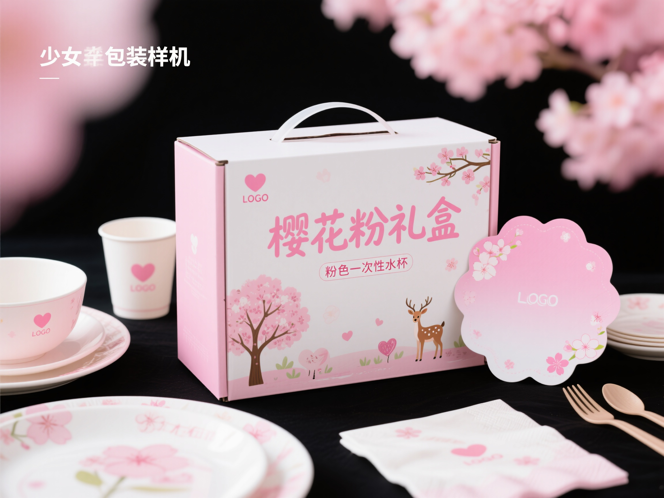 品牌餐具样机包装,粉色少女系包装样机,樱花粉礼盒配可爱插画图案,粉色一次性水杯印有爱心LOGO,粉白色餐具套装,樱花图案餐巾纸包装,圆角名片设计,粉色渐变背景,柔美散射光,甜美少女风格