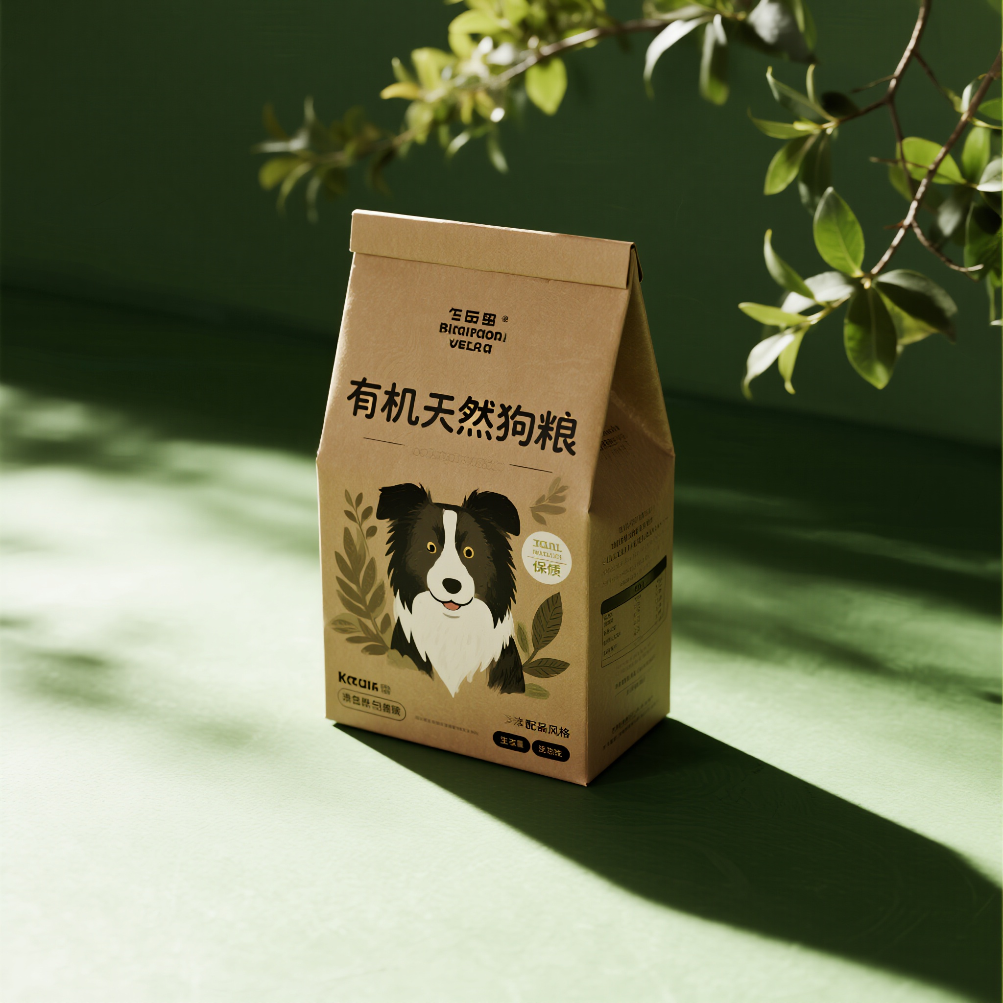 宠物狗粮电商主图,有机天然狗粮包装,森林绿色渐变背景,手绘风格边境牧羊犬图案,天然叶子装饰元素,环保材质标识,kraft纸质感,产品立体展示,自然散射光,生态友好理念,organic premium风格