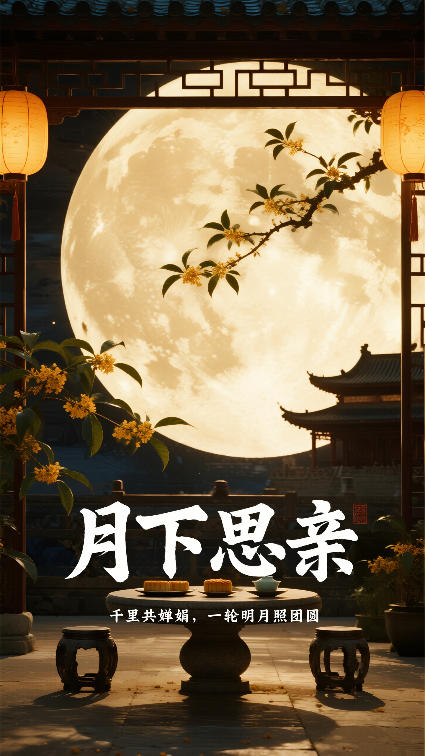 中秋海报摄影,中秋节海报设计,真实摄影风格,主标题"月下思亲",副标题"千里共婵娟,一轮明月照团圆",画面是夜晚庭院中的赏月场景,石桌上摆放着月饼和茶具,旁边有盛开的桂花树,月光透过树叶洒在地面形成斑驳光影,远处是古典建筑轮廓,暖黄色月光和灯笼光,营造温馨怀旧氛围,电影级摄影质感,景深效果明显
