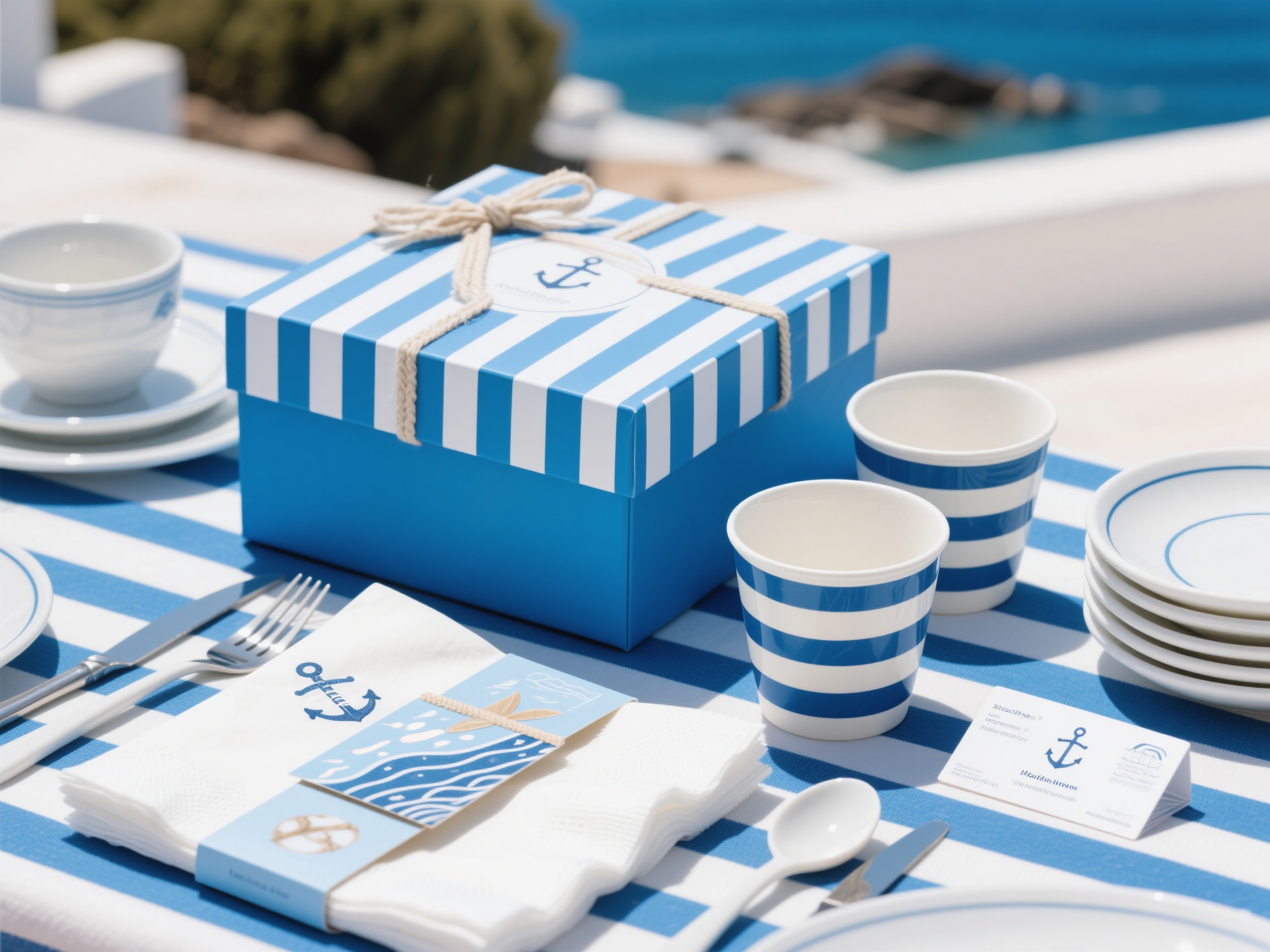 品牌餐具样机包装,地中海风格包装样机组合,天蓝色礼盒配白色条纹装饰,蓝白条纹水杯,白色餐具套装,海洋图案餐巾纸包装,航海主题名片,蓝白色背景,地中海阳光照射,度假海洋风格