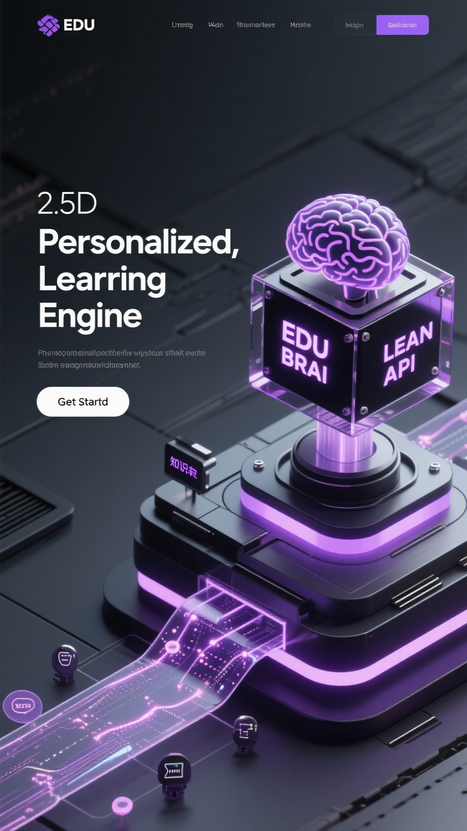 C4D海报,"2.5D暗黑科技风格教育科技网页插画,深灰主色调搭配智慧紫高光。右侧构建学习科技装置:带‘EDU BRAIN’字样的黑盒(亚克力材质)、‘LEARN API’知识枢纽(粒子光流)、透明数据道(含动态知识点/学习进度节点)。左侧排版文案(PersonalizedLearning Engine)与导航(Get started)。强化金属镀层与全息投影效果,突出教育科技的交互性与适应性,适配在线教育平台官网。”