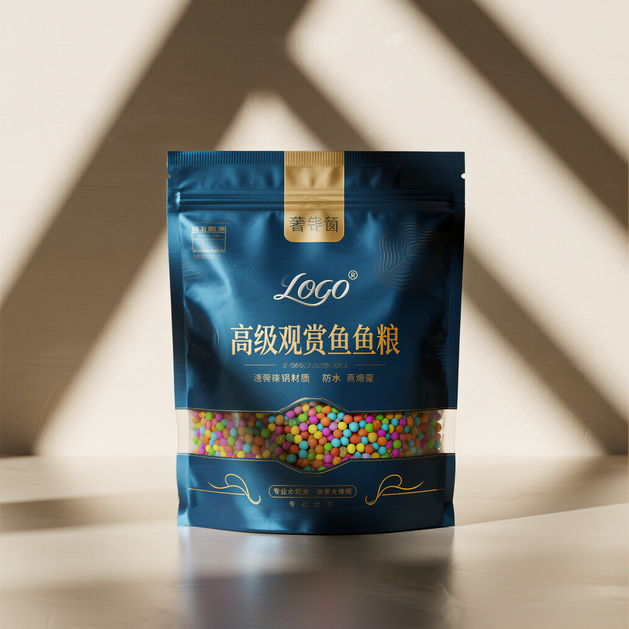 观赏鱼粮电商主图,高级观赏鱼鱼粮包装袋,深海蓝色渐变背景,银色金属质感LOGO,优雅热带鱼群游泳图案,透明视窗展示彩色颗粒,防潮铝箔材质,烫金装饰边框,产品正面展示,专业水族照明效果,奢华海洋风格