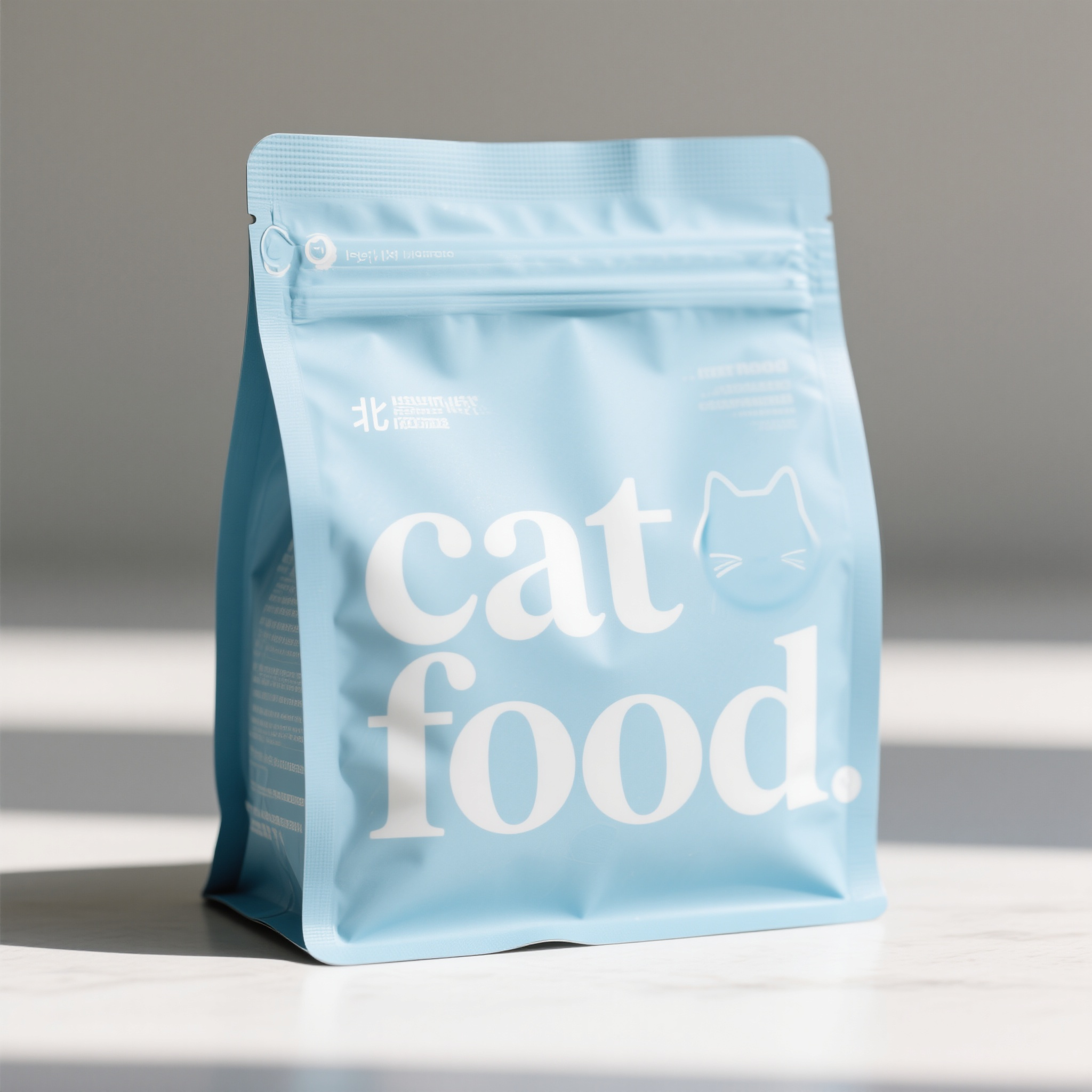 猫粮电商图,北欧风猫粮包装,浅蓝色纸质包装,几何图案装饰,简约猫咪剪影,白色字体设计,环保纸质材料,产品正面展示,自然散射光,清新北欧美学,现代简约风格