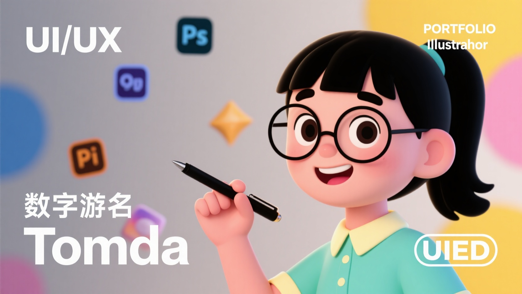 作品集,一位年轻女孩,出现在一幅卡通风格的插图中。她位于画面的右上角,稍微偏离中心。女孩有着黑色的马尾辫,圆大眼睛,面带友善的笑容。她戴着圆形眼镜,穿着一件浅青绿色的衬衫,领口是淡黄色或奶油色的。她的身材苗条,充满青春气息。她右手拿着一支黑色的钢笔或触控笔。作品标题“2025 设计作品集”以大字体呈现,背景是浅灰色的,周围散布着各种设计软件的标志(如Photoshop、Illustrator等)。整个风格简洁平面,使用轮廓线和纯色填充。整体氛围友好且富有教育意义,可能与图形设计或数字艺术教程相关。图像的光线简单,营造出一种有趣且富有吸引力的插图效果。左上角“UI/UX”左下角“数字游名Tomda” 右上角“PORTFOLIO”右下角“UIED”