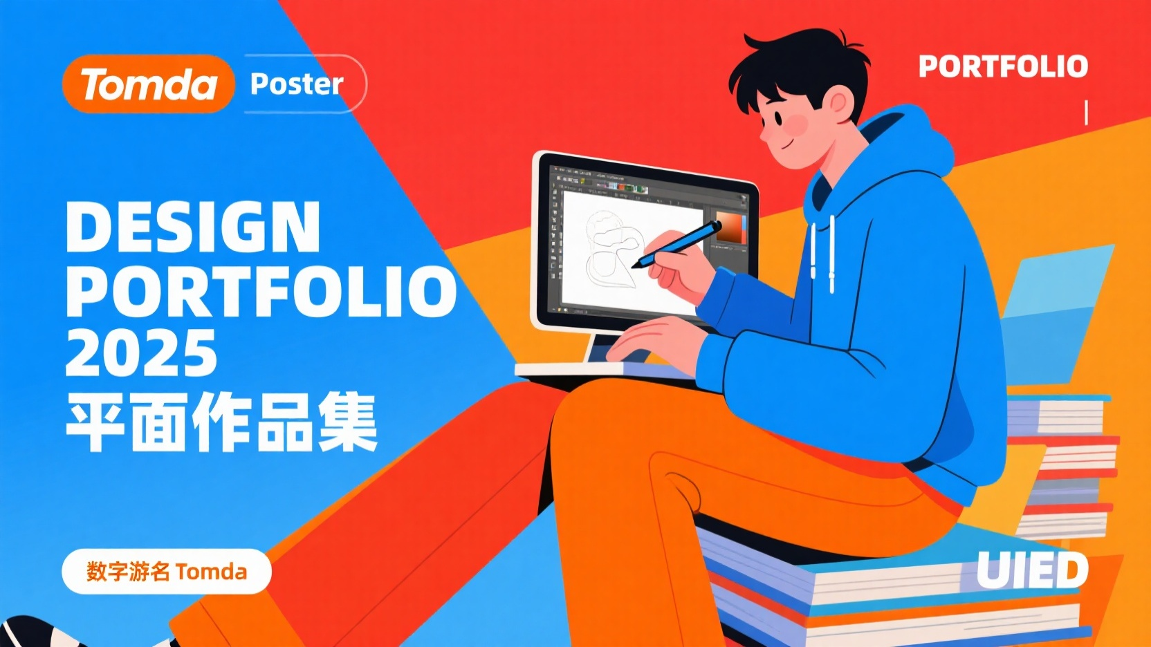 作品集,一个年轻的男性扁平风插画,位于画面右侧,身穿蓝色的连帽衫和橙色的长裤,正坐在一堆打开的电脑屏幕上。他正专注地操作着电脑上的设计软件,手中拿着一支设计笔,表情专注而自信。颜色要丰富,画面风格简洁明快,以鲜艳的色彩和线条勾勒出人物和场景,呈现出一种轻松愉悦的氛围。作品标题在左侧“DESIGN PORTFOLIO 2025”以及“平面作品集”以白色大字体呈现,在文字穿插一个标签设计“Tomda”,左上角“Poster”左下角“数字游名Tomda” 右上角“PORTFOLIO”右下角“UIED”
