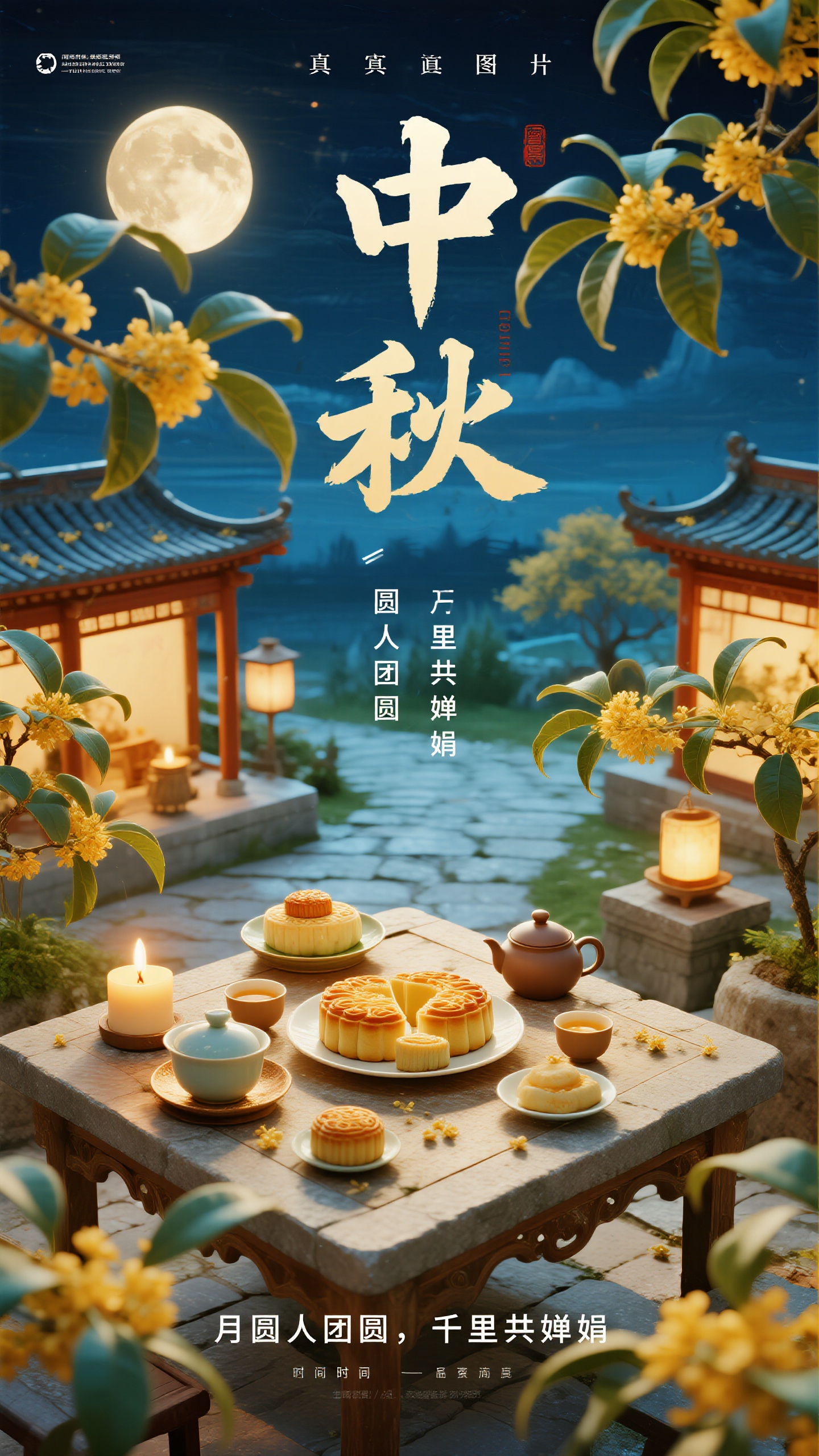 节日海报中秋,中秋节日海报,真实摄影风格,夜晚的竹林庭院,皓月当空,月光如水洒在青石小径上,古典亭台楼阁若隐若现,桂花满树飘香,石桌上摆放精美月饼和茶具,烛光摇曳,营造温馨团圆氛围。大标题"中秋"采用金色书法体,副标题"月圆人团圆,千里共婵娟",整体色调偏暖,月光蓝与金黄交融,意境深远