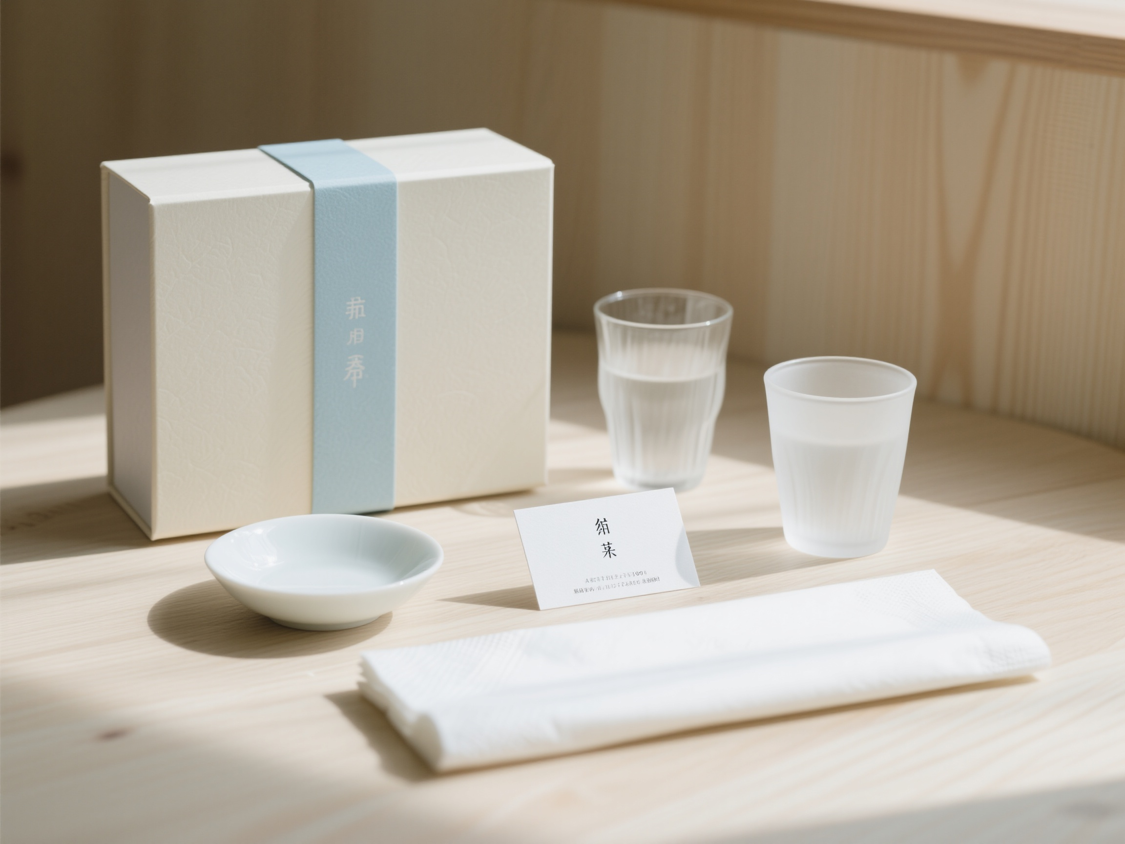 品牌餐具样机包装,日系简约包装样机组合,米白色礼盒配淡蓝色细节,透明磨砂水杯,白色简约餐具,素雅餐巾纸包装,日式字体名片设计,浅色木纹背景,柔和自然光线,日式简约美学