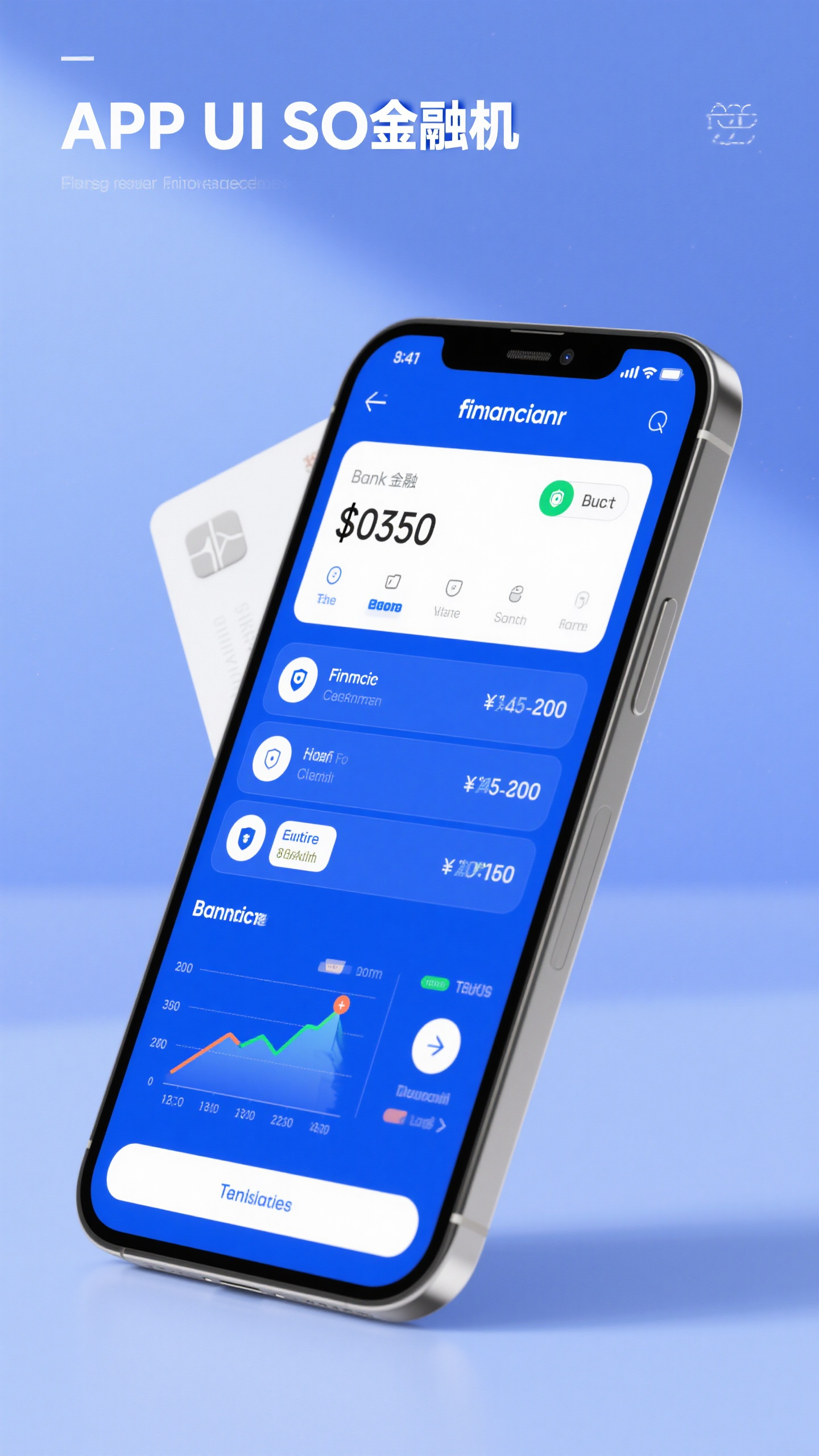 UI手机效果图,银行金融APP UI样机,专业蓝色主题配白色卡片,账户余额显示,交易记录列表,安全认证图标,图表数据展示,转账按钮设计,手机正面展示,商务光线,金融科技风格
