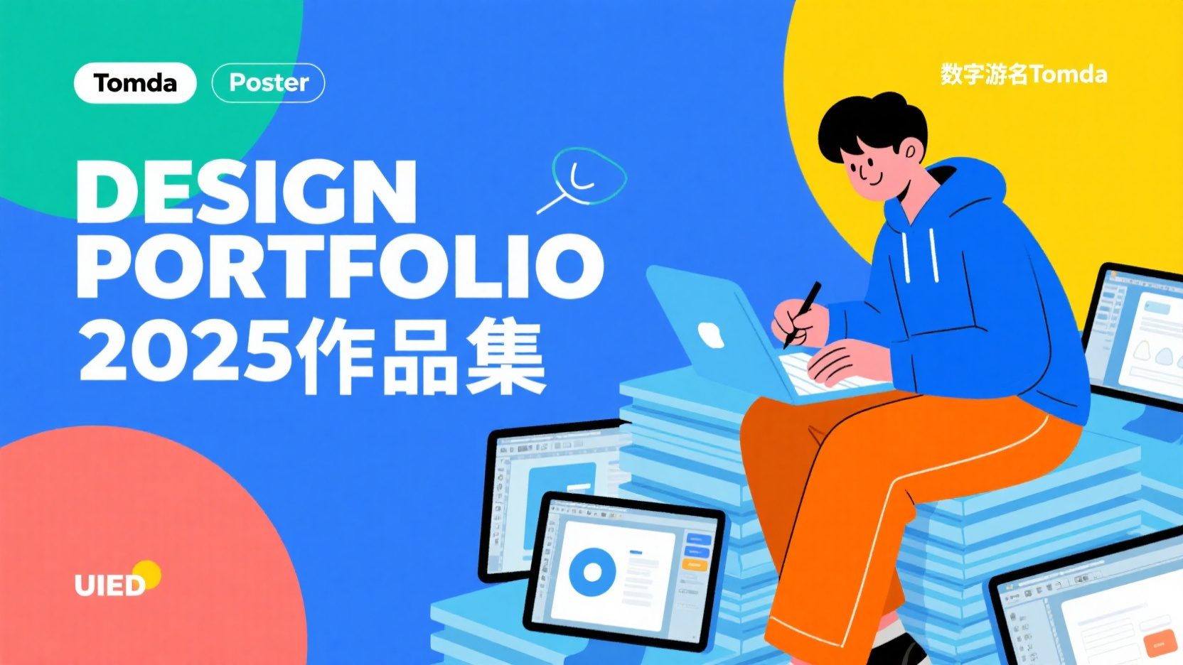 作品集,一个年轻的男性扁平风插画,位于画面右侧,身穿蓝色的连帽衫和橙色的长裤,正坐在一堆打开的电脑屏幕上。他正专注地操作着电脑上的设计软件,手中拿着一支设计笔,表情专注而自信。颜色要丰富,画面风格简洁明快,以鲜艳的色彩和线条勾勒出人物和场景,呈现出一种轻松愉悦的氛围。作品标题在左侧“DESIGN PORTFOLIO 2025”以及“平面作品集”以白色大字体呈现,在文字穿插一个标签设计“Tomda”,左上角“Poster”左下角“数字游名Tomda” 右上角“PORTFOLIO”右下角“UIED”