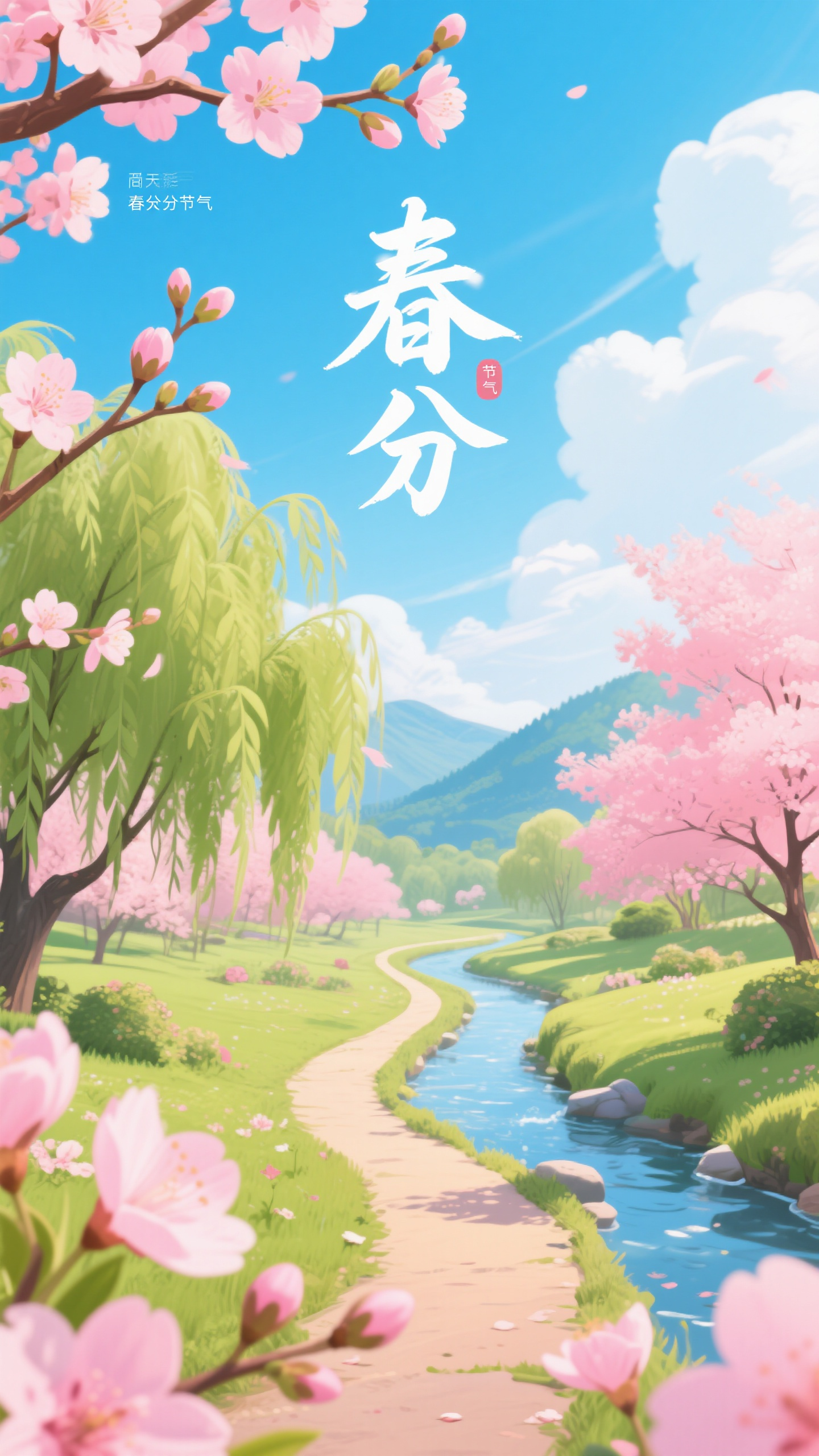 节气海报春分,春分节气海报,平面插画风格,春日花园景象,樱花盛开的小径,粉色花瓣飞舞,嫩绿柳条轻摆,清澈小溪潺潺流淌,远处青山如画,蓝天白云,温暖阳光普照,色彩明快清新。大标题"春分"采用手写体风格,副标题"春分雨脚落声微,柳岸斜风带客归",整体插画风格简约而富有诗意,粉绿配色,充满生机