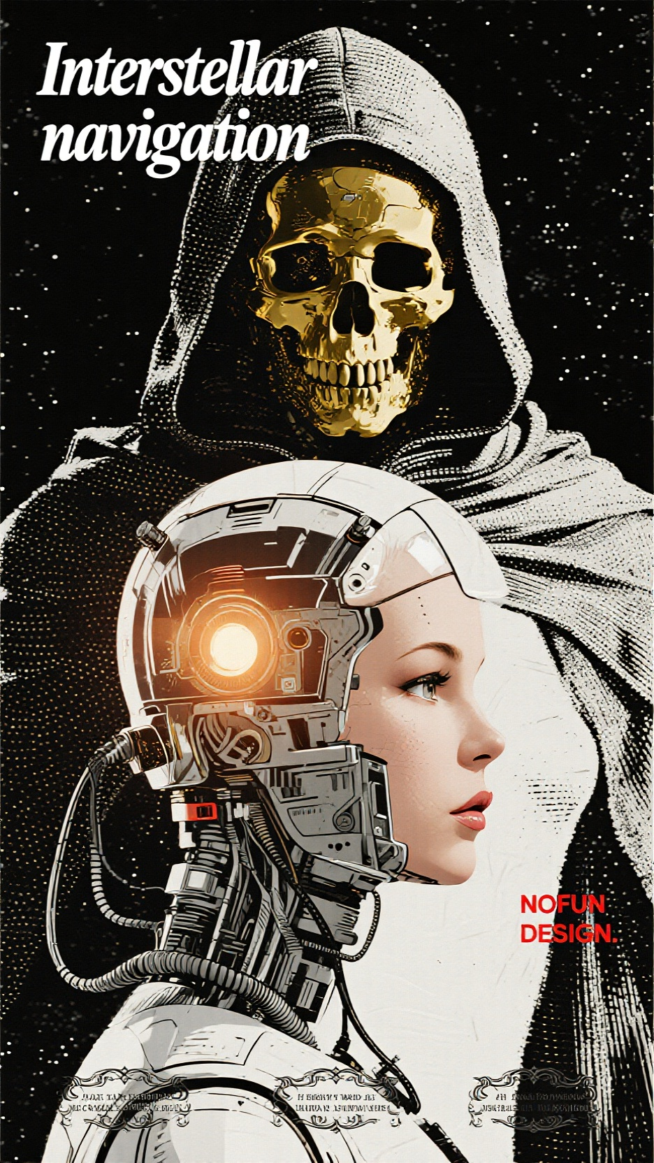 电影海报,采用点绘艺术halftone技法,以密集小黑点塑造画面和角色,科幻电影,宣传海报 复古未来主义 复古风格 。通过点的疏密、大小变化,表现光影与明暗。亮部点稀疏,头发、阴影点密集,精准勾勒轮廓、呈现立体感,简洁又富有艺术张力,复古韵味浓厚 ,科幻未来主义海报,机械叛军首领人像 身穿兜帽 戴着金色金属骷髅面具,超酷机械朋克 机械改造结构与电路蚀刻,蒙太奇,字体排版设计“ Interstellar navigation ”点缀其他元素一张海报作品,大师级排版,画面中穿插字母“I N T E R N A T I O N A L D E S I G N”,极具艺术的现代海报设计风格。文字为鲜红色,文字图形相互穿插。背景为女性机器人上半身肖像,机械头部结构复杂,半透明内发光,下半张脸由金属电缆和零件组成,极致细节,背景为黑色背景,高对比,未来主义风格,科技感强,静态构图丝网印刷、半调图案,噪点,右下角鲜红色极小字水印“NOFUN DESIGN.”三段装饰性文字