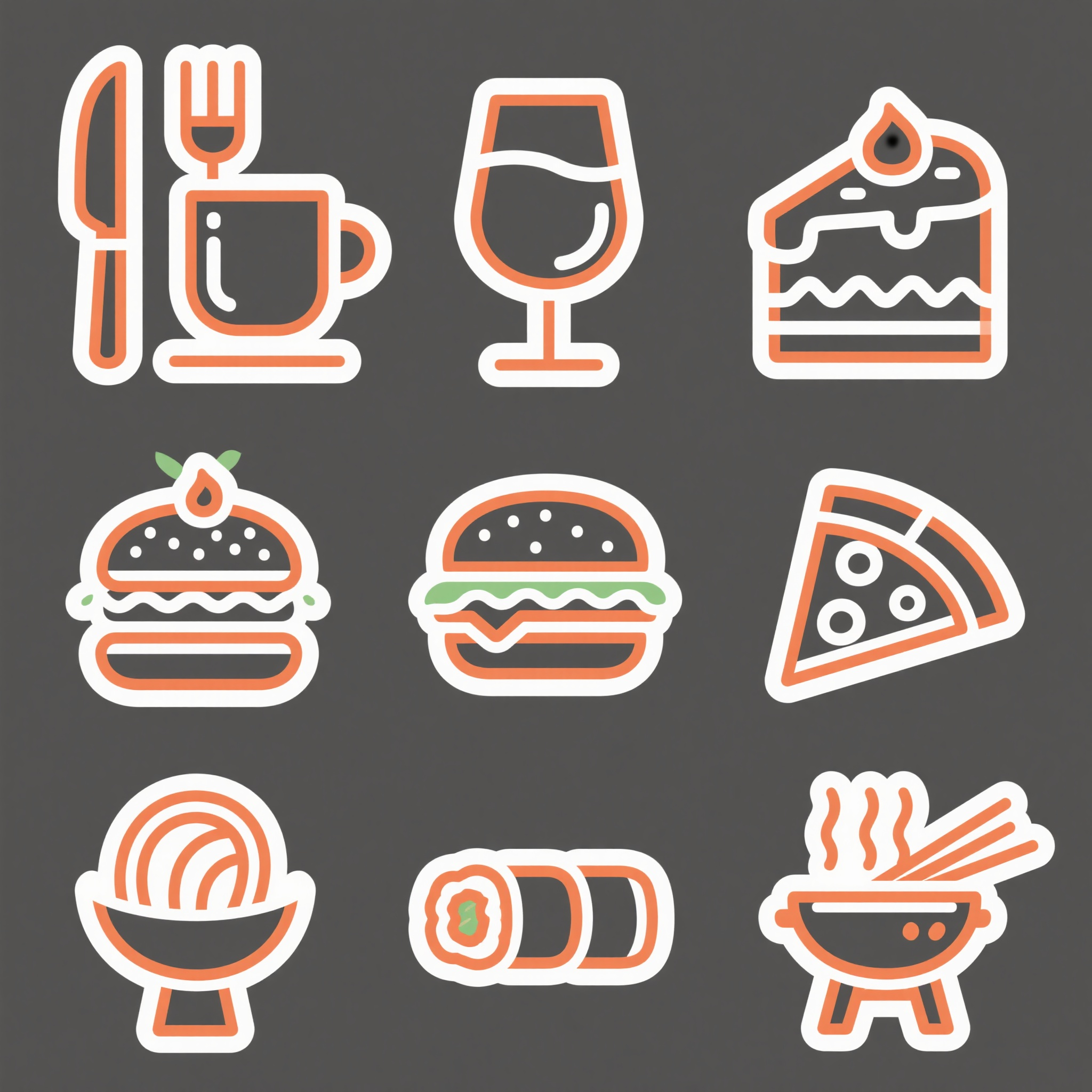 线面结合美食UI图标,线性UI图标设计,美食餐饮主题图标集合,包含餐具刀叉、咖啡杯、酒杯、蛋糕甜品、汉堡、披萨、面条、寿司、火锅、烧烤等图标,线条简洁流畅,2像素线宽,橙色线条配白色背景,极简主义风格,矢量图形风格,现代美食感