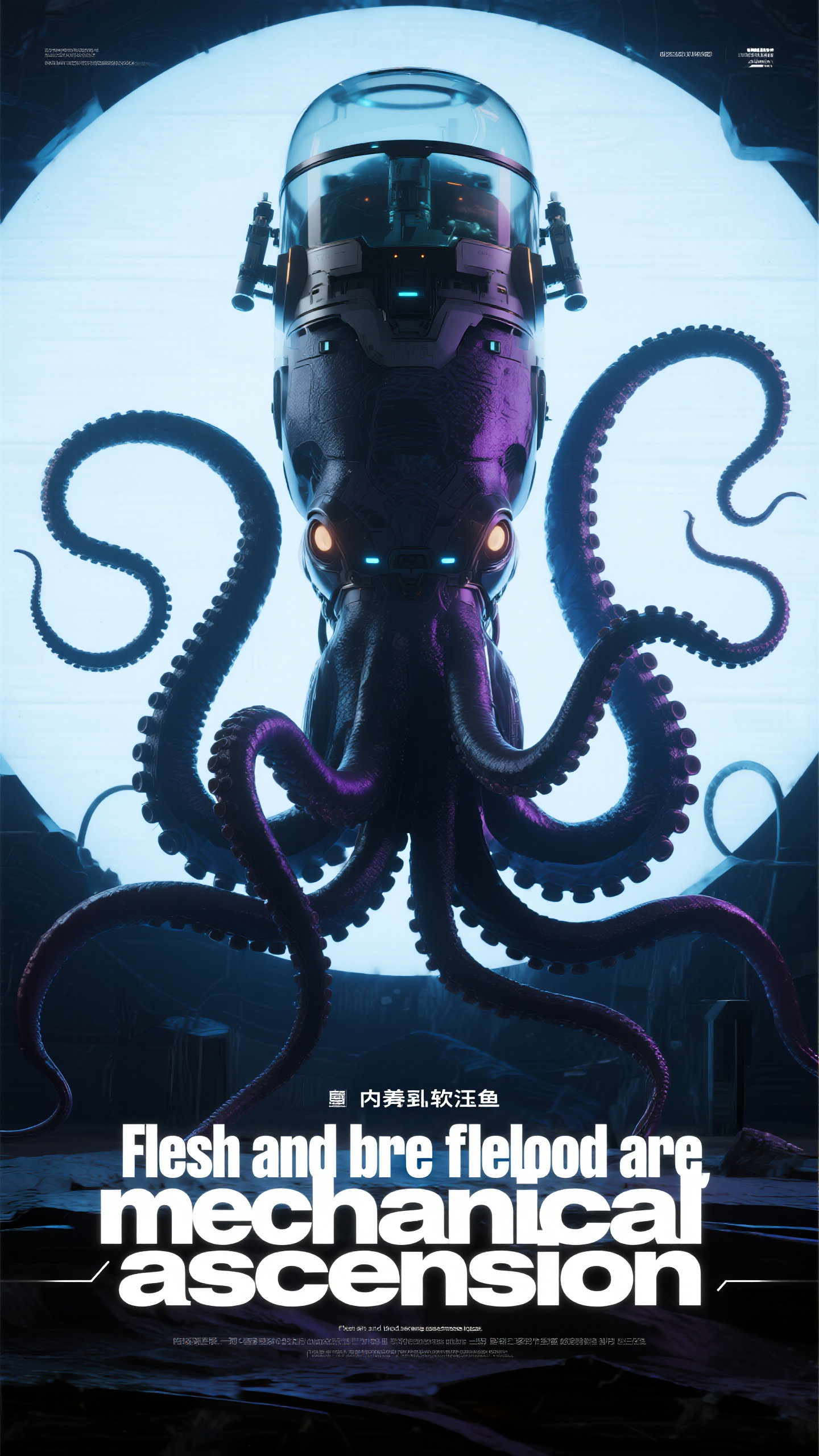 电影海报章鱼,机械生物海报设计,一只巨大的机械章鱼悬浮在画面前景,头部保留软体动物纹理,八条触手完全替换为柔性机械臂,每条臂上有多个液压吸盘,触手末端装有精密操作器,头顶有透明能量核心舱,机械眼具有多重瞄准系统。深色背景环境中大标题"Flesh and blood are fleeting, mechanical ascension"以科技感字体呈现,完全位于章鱼主体后方背景空间。前景底部小字"Multi-Limb Operator - Adaptive Intelligence",精细写实渲染,紫色金属光泽,柔和环境照明,机械软体美学