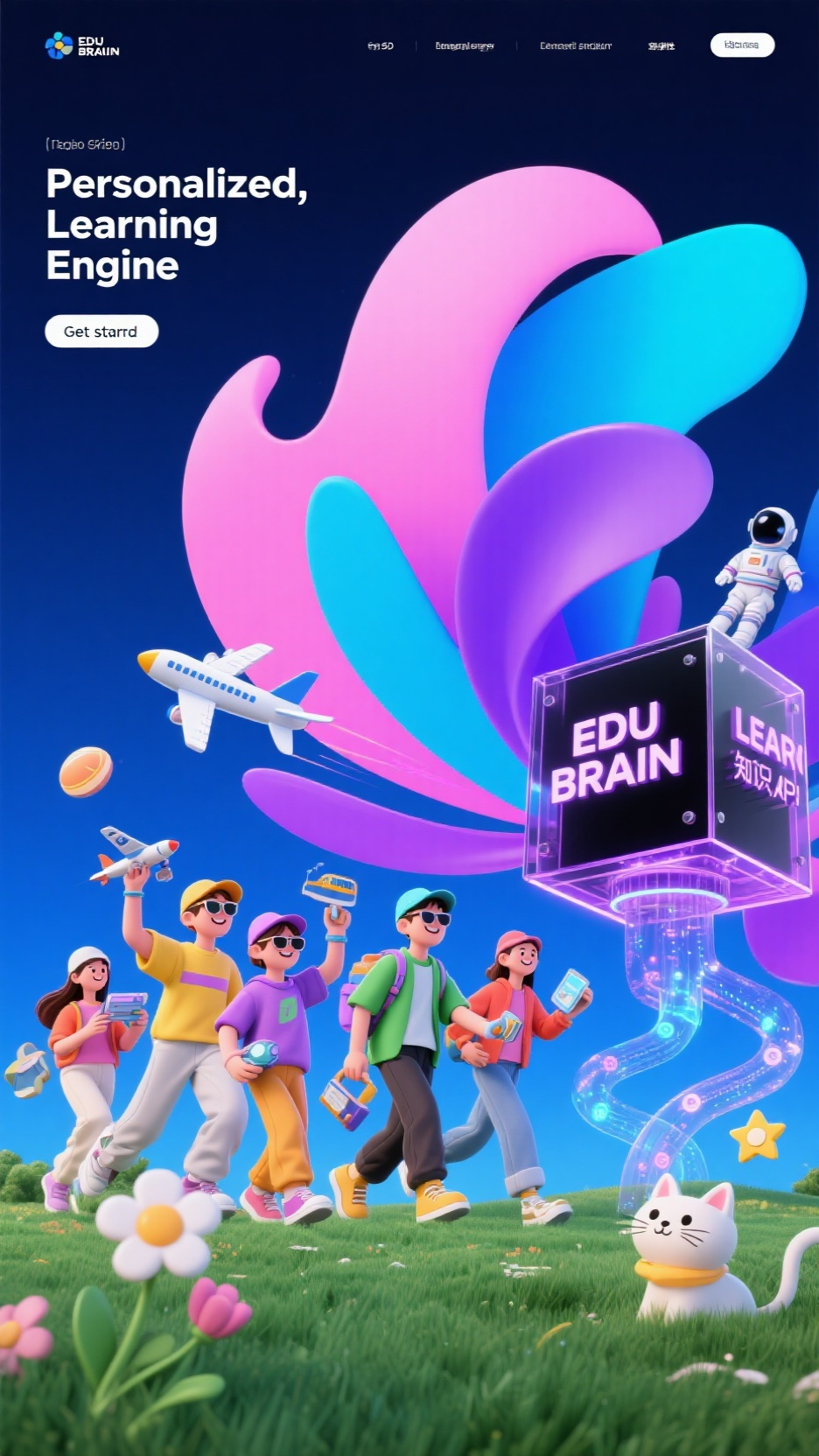 C4D海报,象艺术风格,色彩以粉蓝色和紫色为主,明亮鲜艳,充满活力。主体形象:由流动的粉蓝色和紫色色块组成,形态自由奔放,无具体实物形态。场景:纯色背景,突出色块的流动感和色彩的碰撞一群放鬆而充滿活力的年轻人(样式:戴着洋气的帽子,穿著五顏六色的時尚休閒裝,太陽鏡,拿著各式各样的科技物品,如飞机,宇宙飞机,航空模型,太空人等,表情輕鬆,面帶微笑等)有創意的学校,可愛的花朵,一隻可愛的貓,太陽和星星作為裝飾,背景是綠草和藍天,高飽和度和鮮豔的色彩,營造出輕鬆而充滿活力的氛圍,蓝色背景.5D暗黑科技风格教育科技网页插画,深灰主色调搭配智慧紫高光。右侧构建学习科技装置:带‘EDU BRAIN’字样的黑盒(亚克力材质)、‘LEARN API’知识枢纽(粒子光流)、透明数据道(含动态知识点/学习进度节点)。左侧排版文案(PersonalizedLearning Engine)与导航(Get started)。强化金属镀层与全息投影效果,突出教育科技的交互性与适应性,适配在线教育平台官网。”