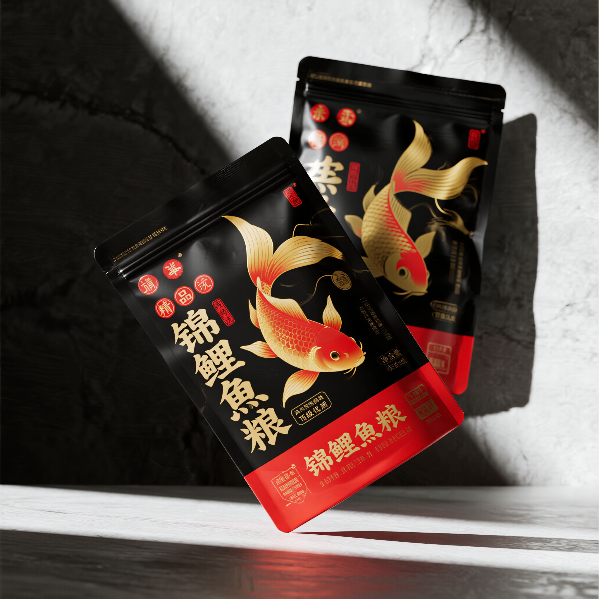 观赏鱼粮电商主图,精品锦鲤鱼粮包装,黑色磨砂背景配金色锦鲤图案,传统日式水墨风格,红色印章装饰,高级拉链封口,metallic金属光泽,产品立体展示,柔和顶光照射,东方禅意美学,顶级品质感