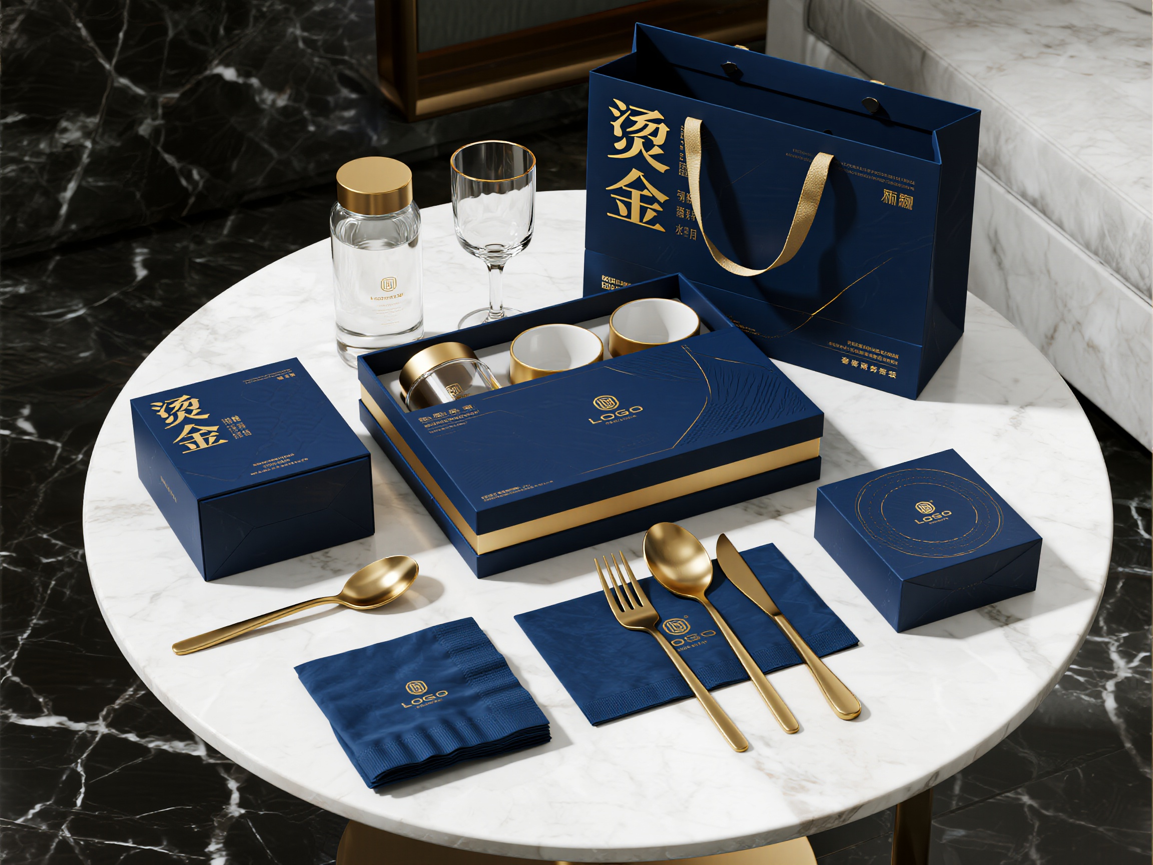 品牌餐具样机包装,奢华金色包装样机组合,深蓝色礼盒配金色烫印装饰,金边透明水杯,金色塑料餐具套装,深蓝色餐巾纸包装配金色LOGO,烫金名片设计,深色大理石背景,戏剧性侧光照射,奢华商务风格