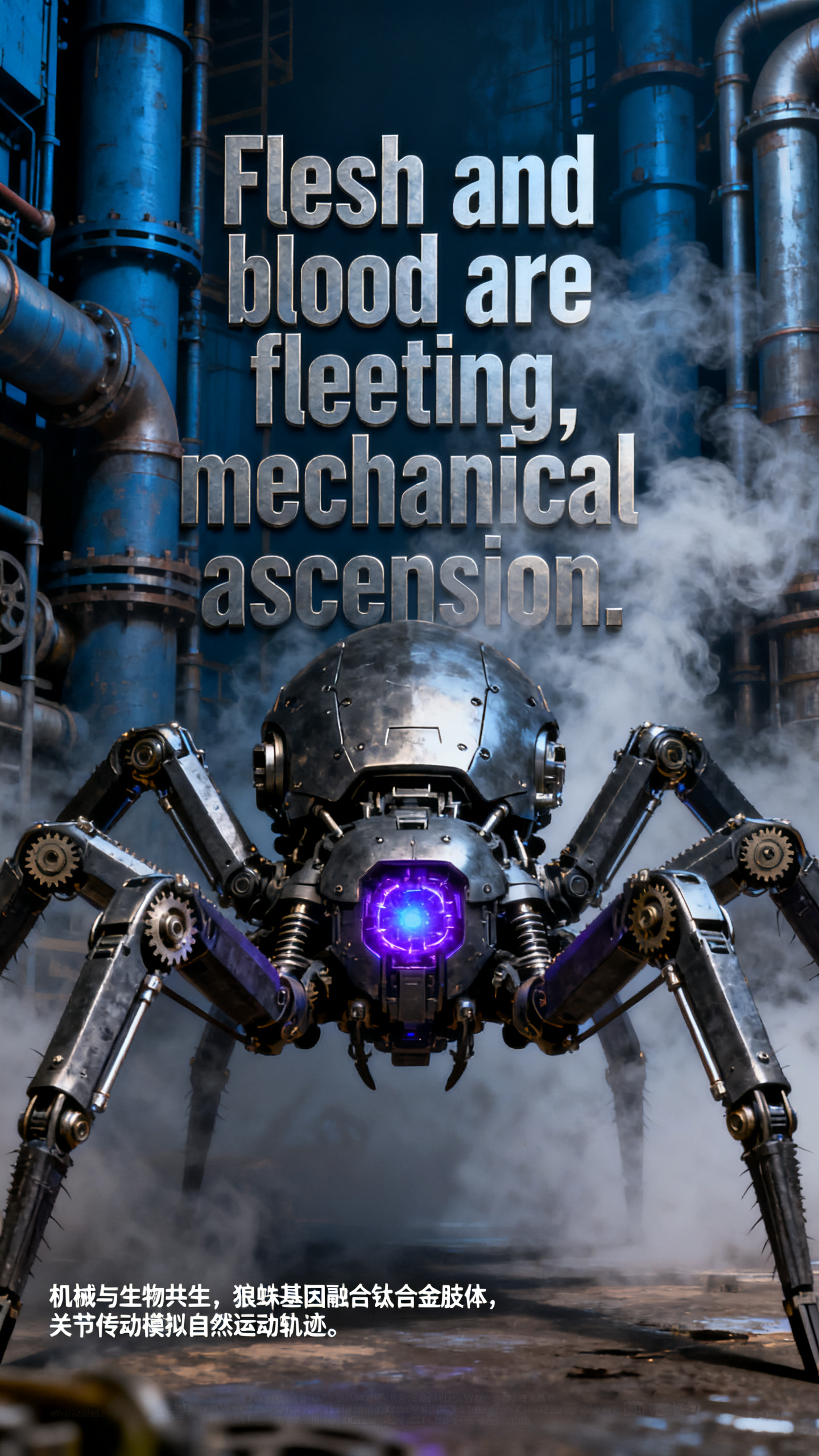 电影海报赛博蜘蛛,帮我生成几张机械生物的竖屏9:16电影海报,大师级,杰作,机械关节结构复杂且排版符合逻辑,避免错位设计,画面内容为各种动物,昆虫,身上有部分肢体部位是机械机甲,整体风格真实酷炫,渲染细腻,大标题为:Flesh and blood are fleeting, mechanical ascension.字体在动物/昆虫主体背后,两者呈现遮挡关系,大标题不可以遮挡动物,前面有小字介绍画面内容风格
