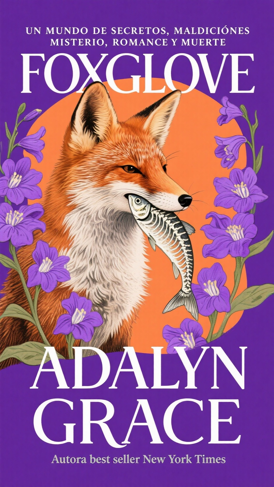 插画海报狐狸叼着鱼,插画风格海报,紫色和橙色主色调,书籍封面设计特写一只狐狸叼着鱼骨架,毛发细节逼真,周围环绕着紫色的花。上部小号白色衬线字体“UN MUNDO DE SECRETOS, MALDICIONES, MISTERIO, ROMANCE Y MUERTE”位于左上角。中间大号白色衬线字体“FOXGLOVE”贯穿狐狸和花的视线中心,竖直排列但稍带弧度。下部大号白色衬线字体“ADALYN GRACE”位于底部中央更偏右。再下方小号灰色衬线字体“Autora best seller New York Times”紧挨着底部文字排列。平面设计复古风格,图像优雅十足。肌理感强,构图生动。