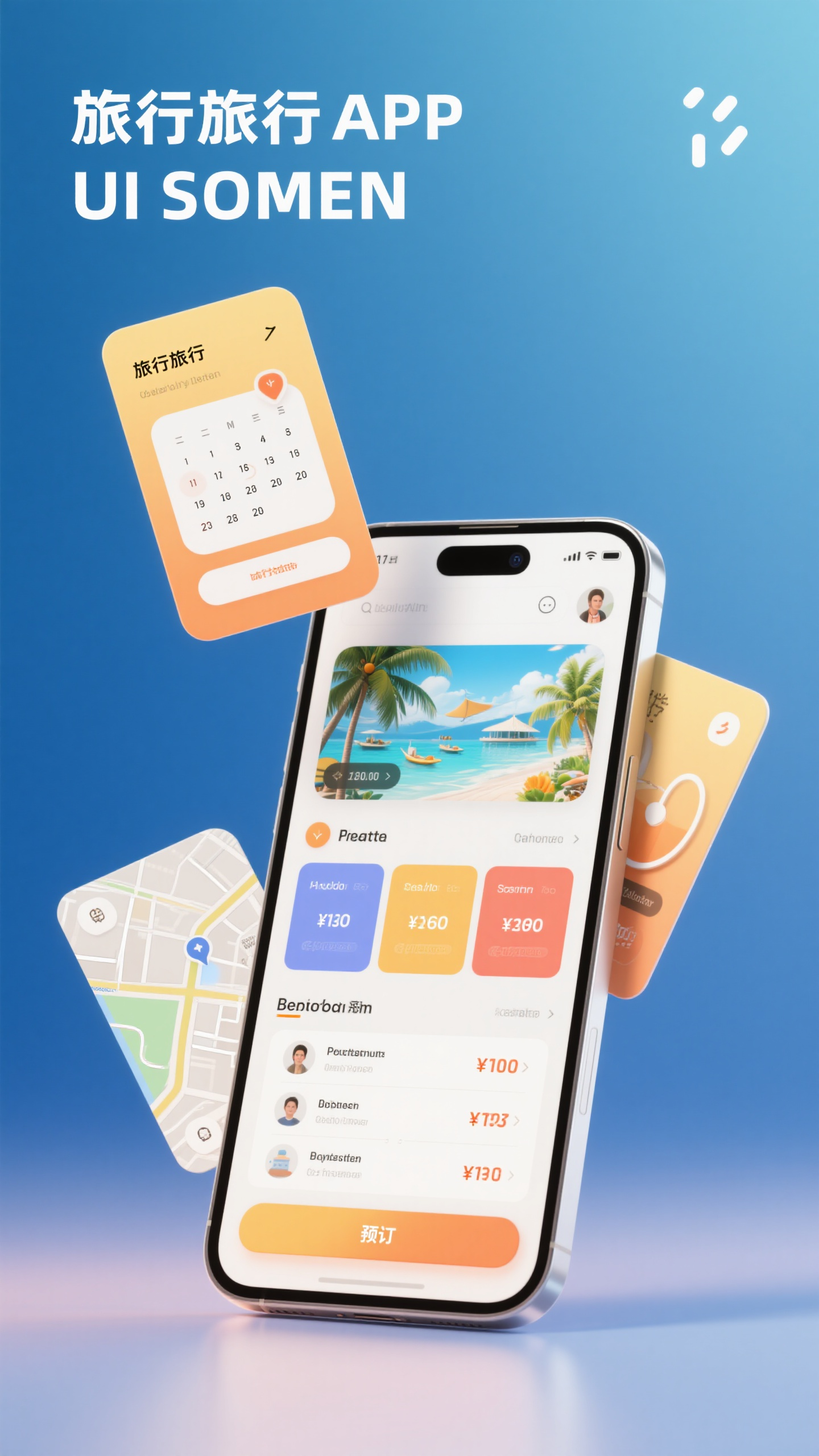 UI手机效果图,旅行出行APP UI样机,天蓝色渐变背景,目的地卡片设计,日历选择界面,价格比较表格,地图导航元素,预订按钮设计,手机立体展示,旅行主题光效,度假旅游风格