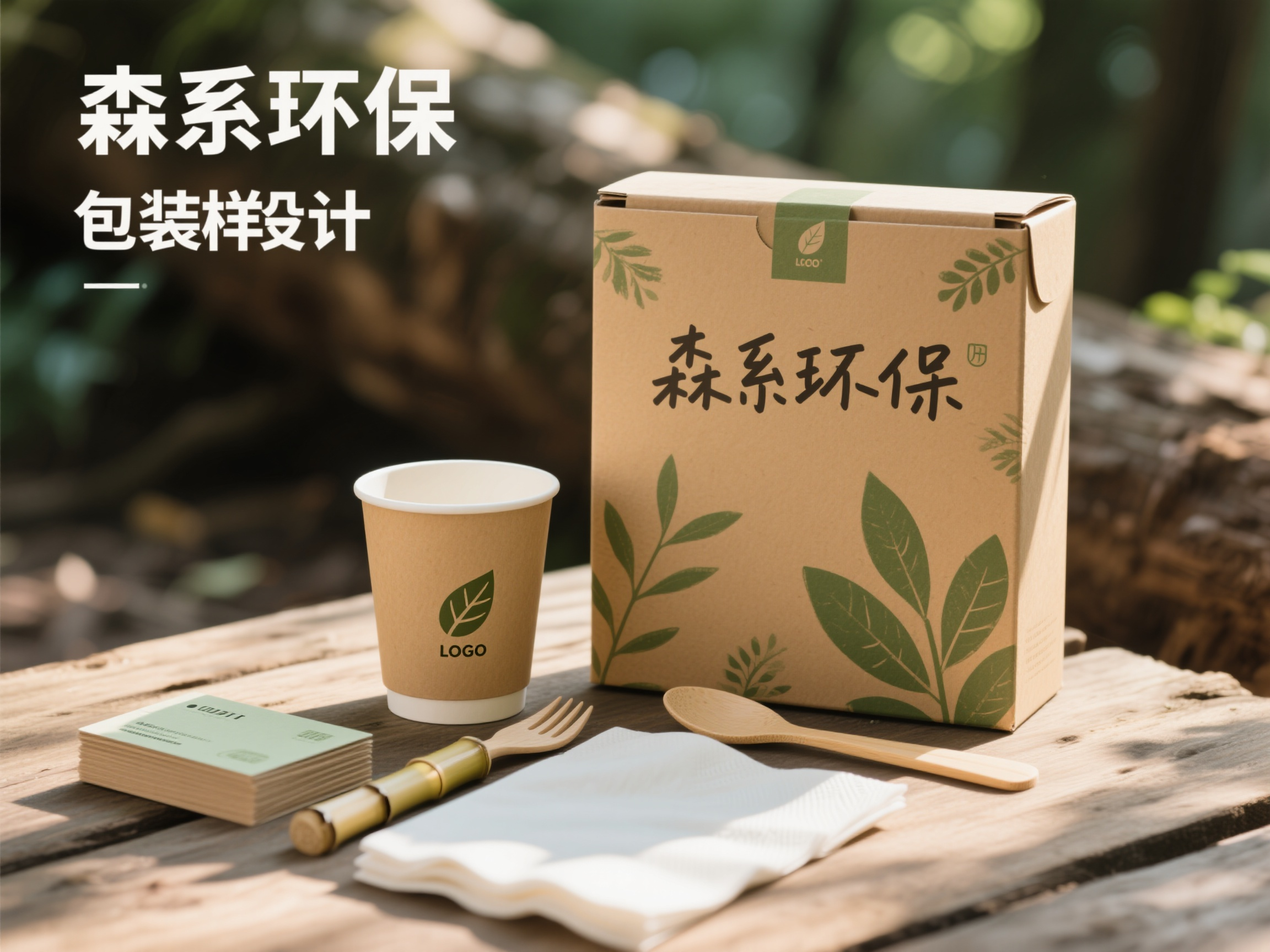 品牌餐具样机包装,森系环保包装样机,牛皮纸材质礼盒配绿色植物图案,可降解纸质水杯印有叶子LOGO,竹制餐具套装,再生纸餐巾纸包装,环保材质名片,自然木质背景展示,温暖自然光线,生态环保风格