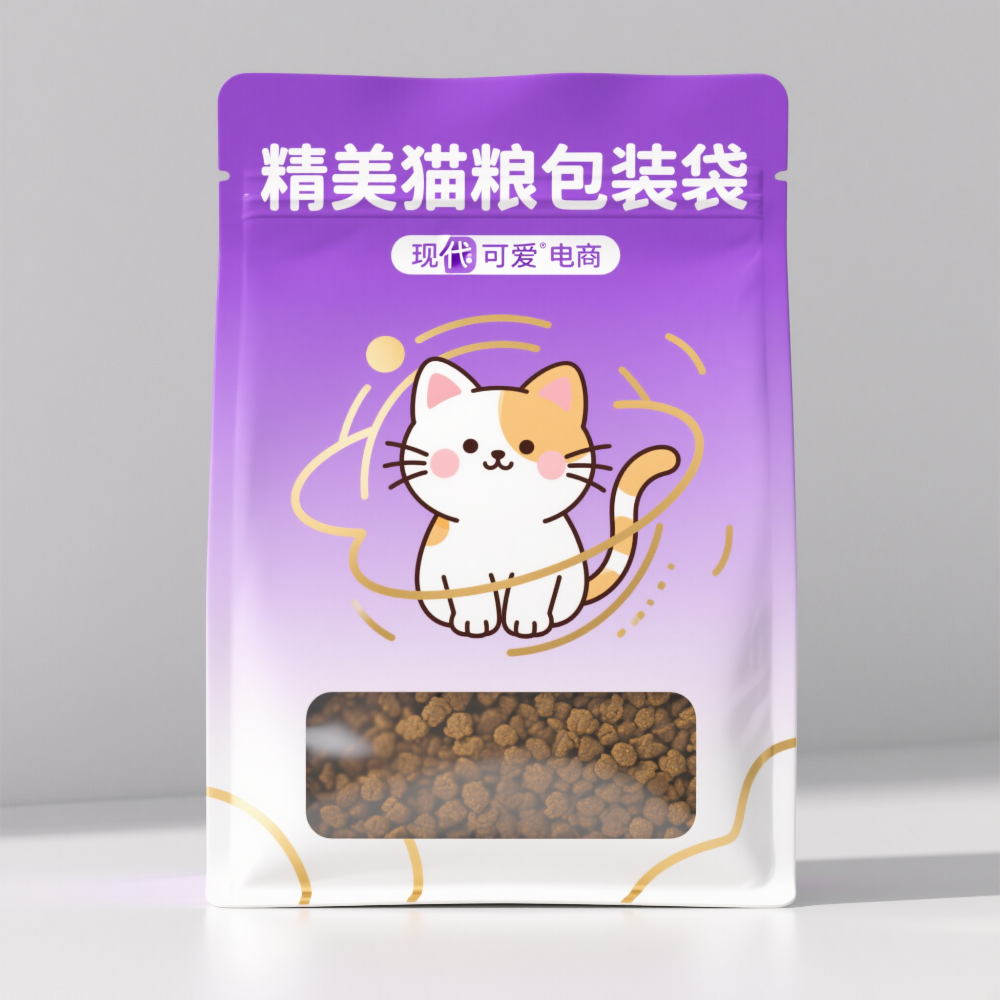 猫粮电商图,精美猫粮包装袋,渐变紫色背景配金色线条装饰,可爱卡通猫咪插画,圆润字体品牌标识,透明视窗展示颗粒,产品正面展示在浅灰背景,柔和光线,现代可爱风格,电商产品摄影