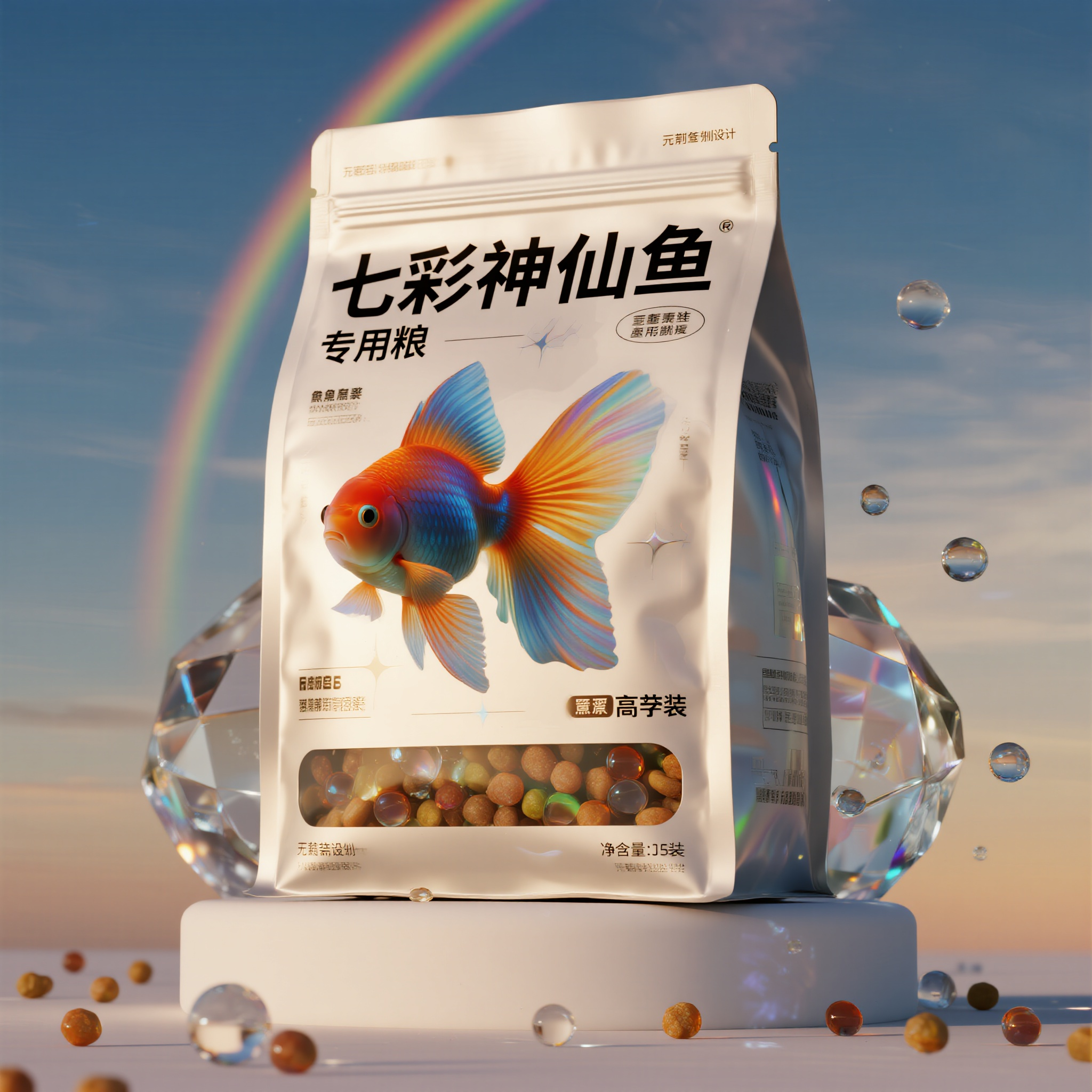 观赏鱼粮电商主图,七彩神仙鱼专用粮包装,彩虹渐变色背景,华丽七彩神仙鱼插画,水晶质感透明窗口,镭射全息装饰元素,高级软包装材质,产品正面展示,梦幻光线效果,绚烂色彩美学
