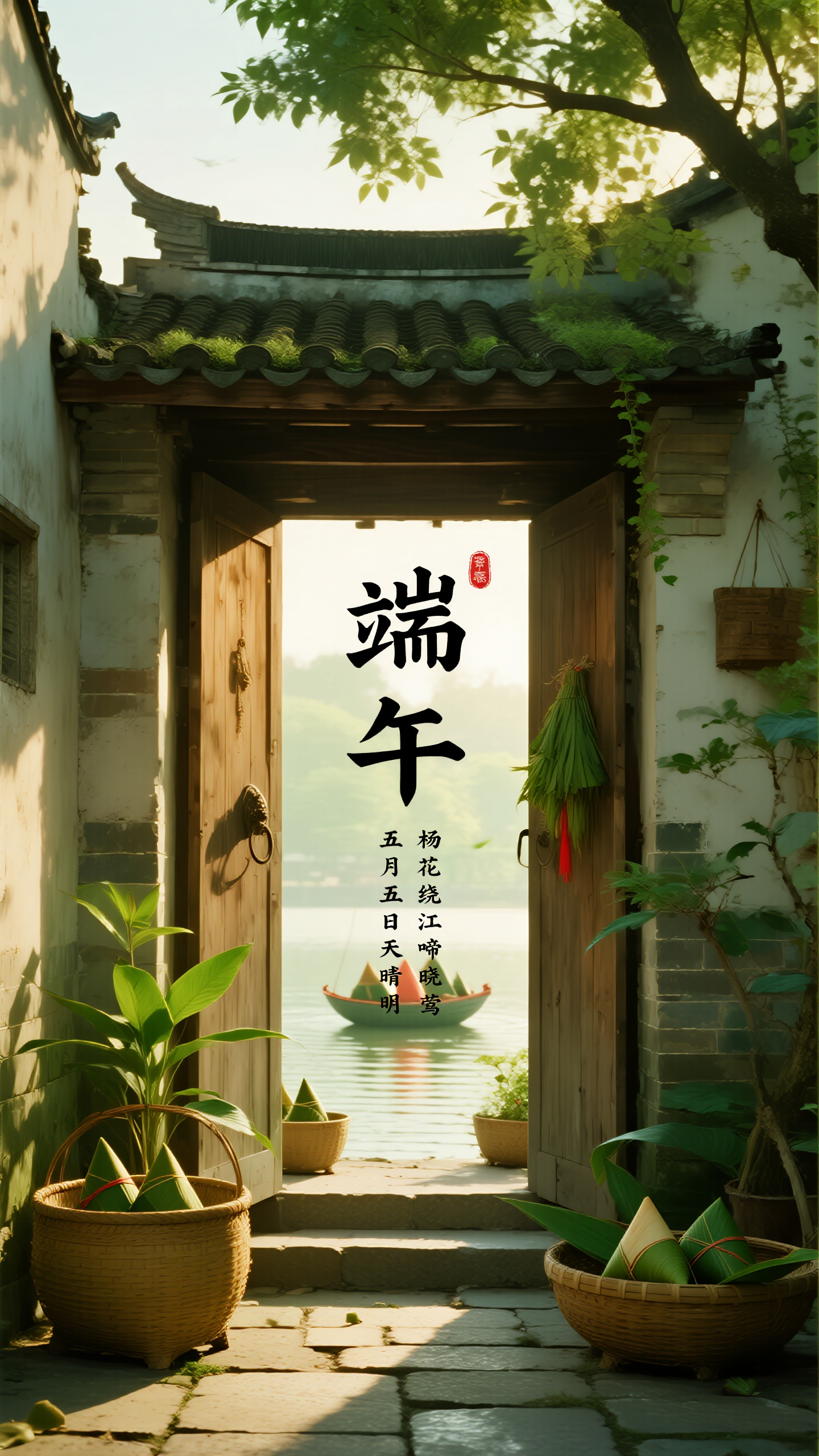 节日海报端午,端午节日海报,真实摄影风格,江南水乡的清晨,青石板小巷,门前挂满艾草和菖蒲,竹篮里装着翠绿粽叶包成的粽子,古朴的木门半开,晨光透过老槐树洒在青砖墙上,远处传来划龙舟的鼓声。大标题"端午"采用古典印章体,副标题"五月五日天晴明,杨花绕江啼晓莺",整体色调清新自然,绿色与暖黄搭配,古韵悠长