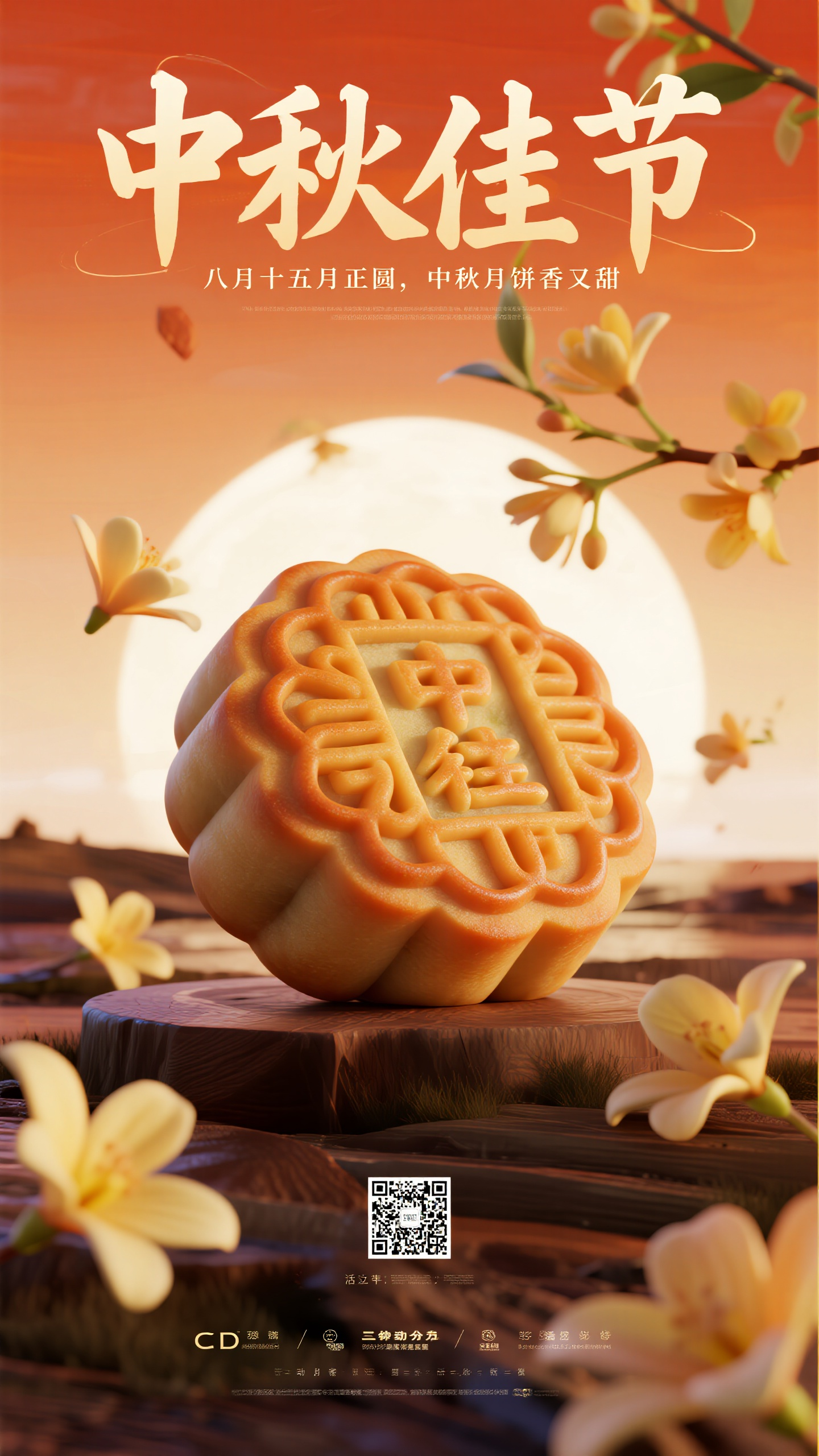 中秋海报C4D场景,中秋节海报设计,C4D三维渲染风格,主标题"中秋佳节",副标题"八月十五月正圆,中秋月饼香又甜",画面中央是立体的巨大月饼,周围环绕着漂浮的桂花瓣,背景是渐变的暖橙色天空,远处有山峦剪影,月亮高悬,柔和的体积光照射,温馨祥和的氛围,精细的材质渲染,清新唯美风格