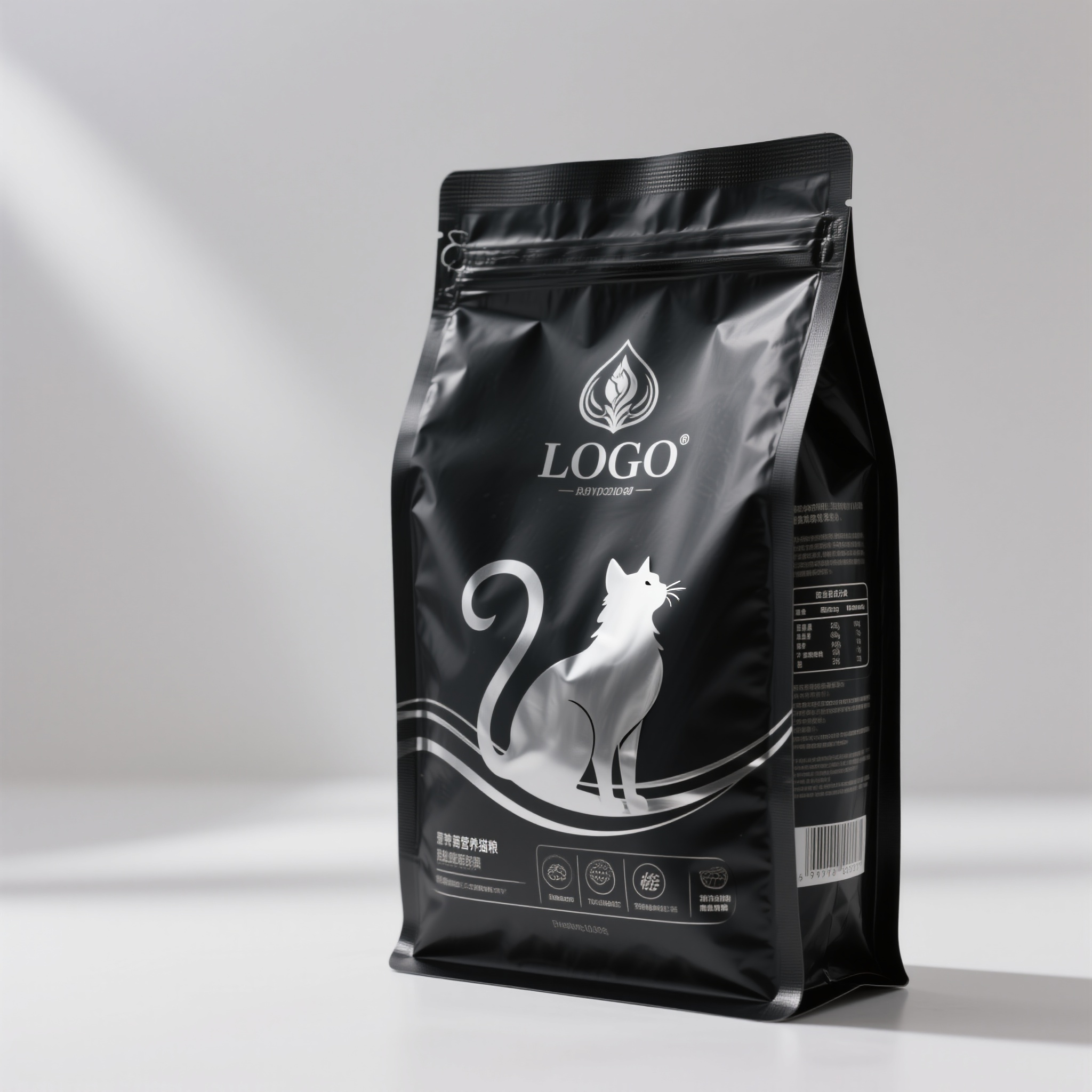 猫粮电商主图,高端猫粮包装袋,哑光黑色铝箔材质,银色LOGO和装饰线条,包装正面有优雅波斯猫剪影,营养成分标识,产品正面展示在纯白背景,专业商业摄影,柔和顶光照明,奢华质感,电商主图风格