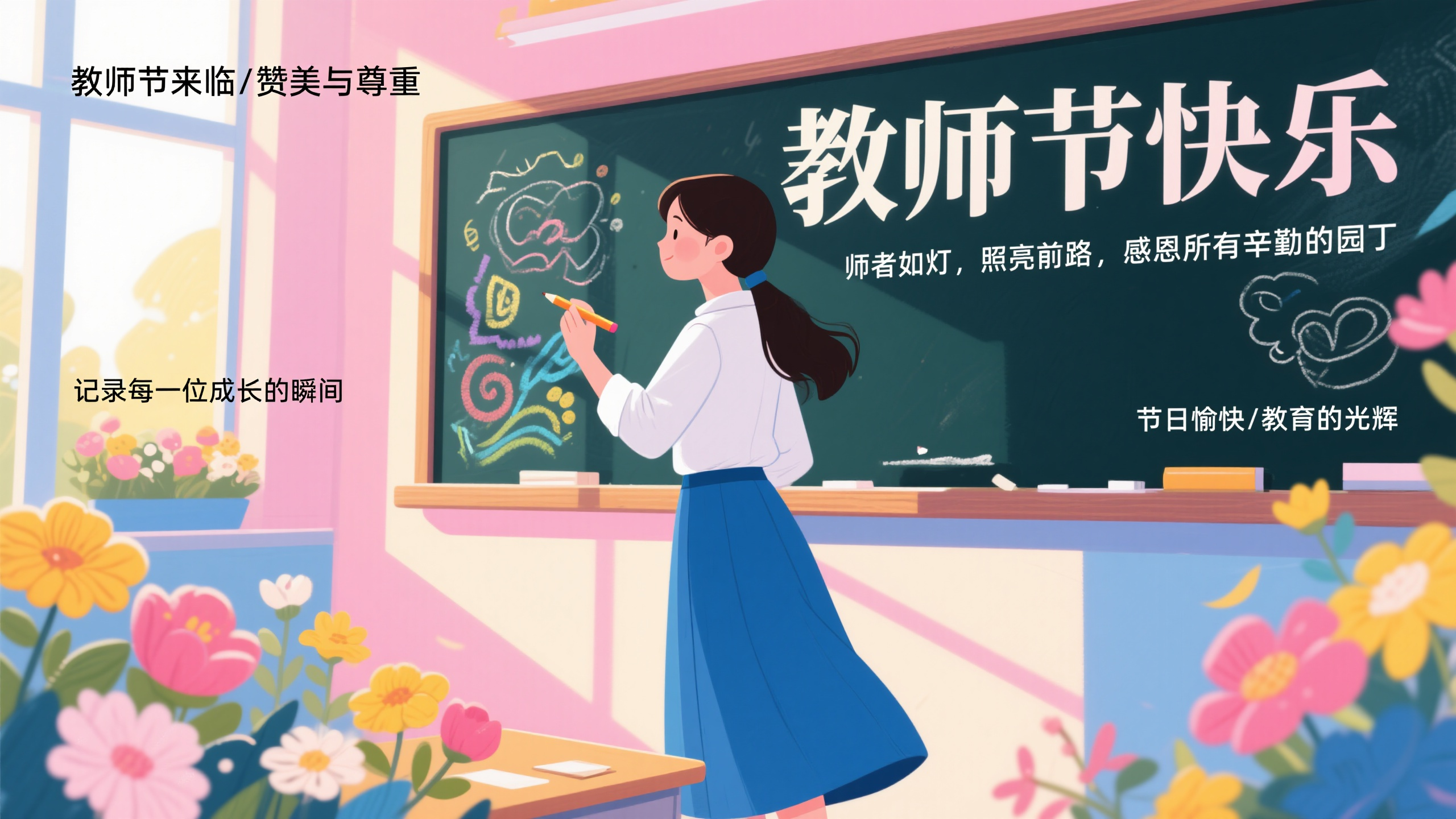 插画banner教师节,教师节平面插画banner,温柔女教师在黑板前给学生们上课,穿白色衬衫蓝色长裙,长发束成低马尾,手持粉笔,黑板上有彩色图案,教室里鲜花盛开,阳光从窗户洒进,大标题"教师节快乐"位于画面右上角,优雅字体,小字介绍"师者如灯,照亮前路,感恩所有辛勤的园丁"位于左下角,多巴胺配色,粉笔彩色、鲜花多彩、阳光金黄、教室温馨,平面插画风格,画面温暖知性