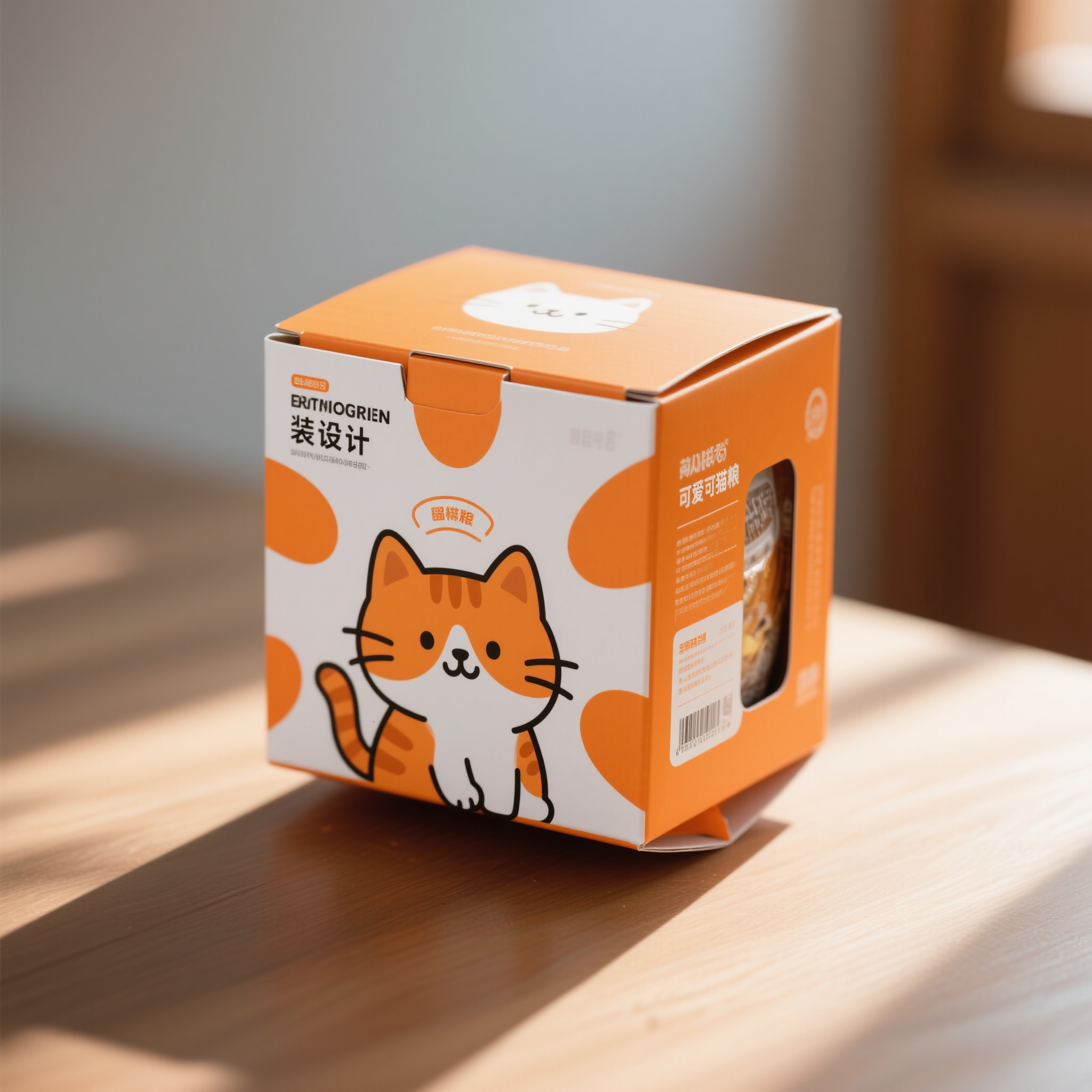 猫粮电商主图,猫粮纸质包装盒,方形立体包装,橙色主调配白色图案,可爱卡通橘猫插画,侧面有产品信息窗口,产品斜角展示,温暖背景光线,活泼可爱风格,商业产品摄影
