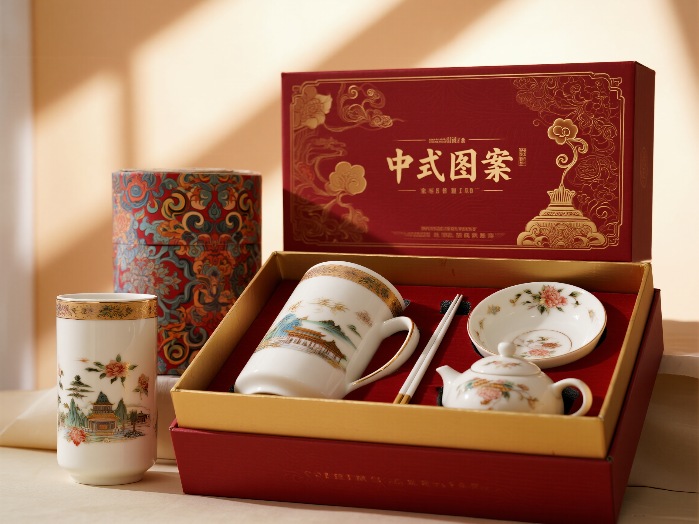 品牌餐具样机包装,中国风包装样机,深红色礼盒配金色传统纹样,白色水杯印有中式图案,仿瓷餐具套装,传统花纹餐巾纸包装,毛笔字体名片,中式背景配暖色灯光,传统文化风格