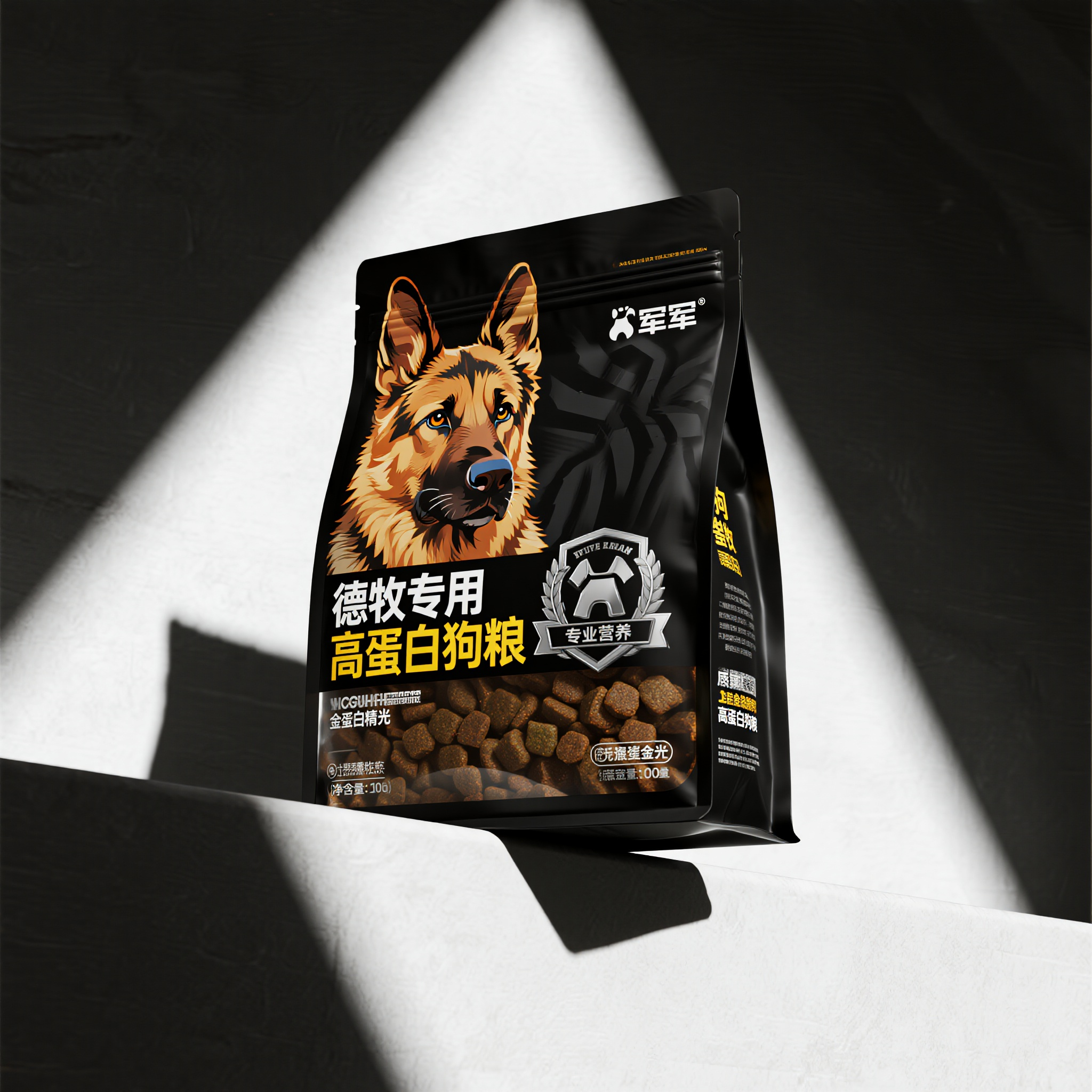 宠物狗粮电商主图,德牧专用高蛋白狗粮,黑色磨砂背景,威严德国牧羊犬头像,军用风格徽章设计,银色金属质感LOGO,专业营养标识,坚固包装材质,产品居中展示,强烈对比光线,专业训犬风格