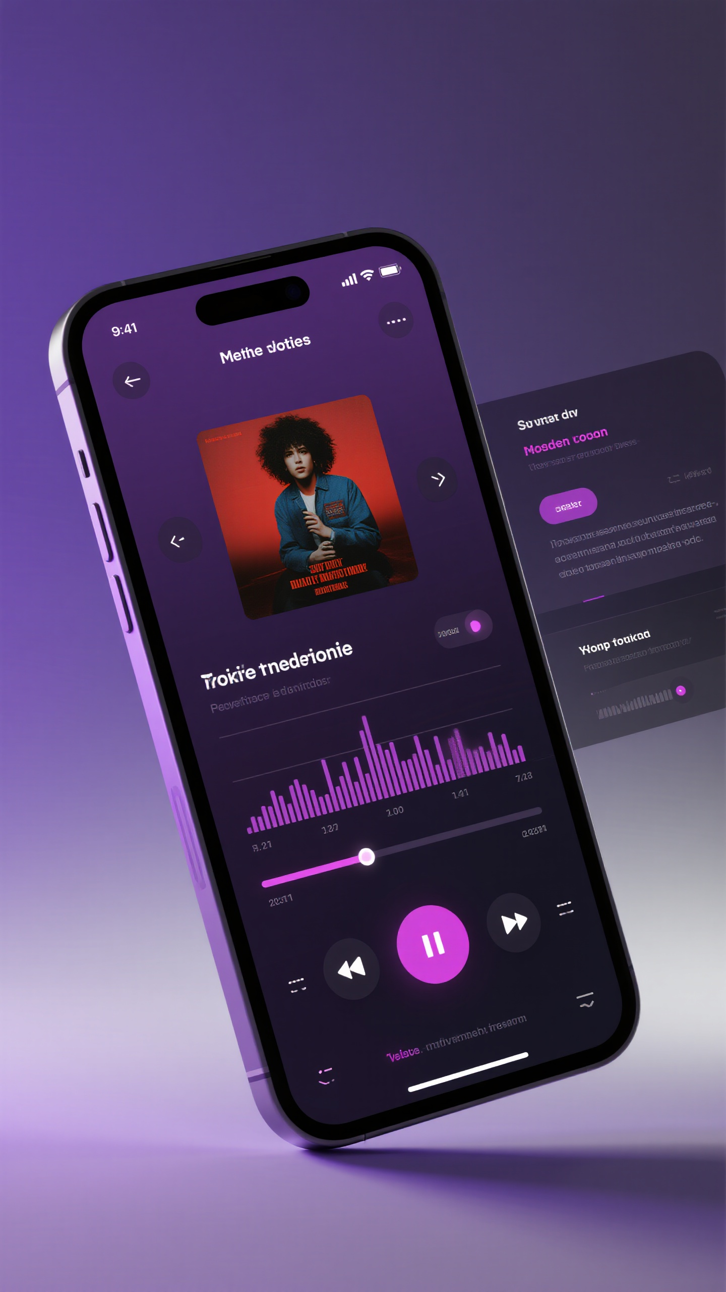 UI手机效果图,音乐播放器UI样机,深紫色渐变背景,专辑封面展示,播放控制面板,音频波形可视化,歌词滚动界面,音量调节滑块,手机倾斜展示,霓虹光效,音乐娱乐风格