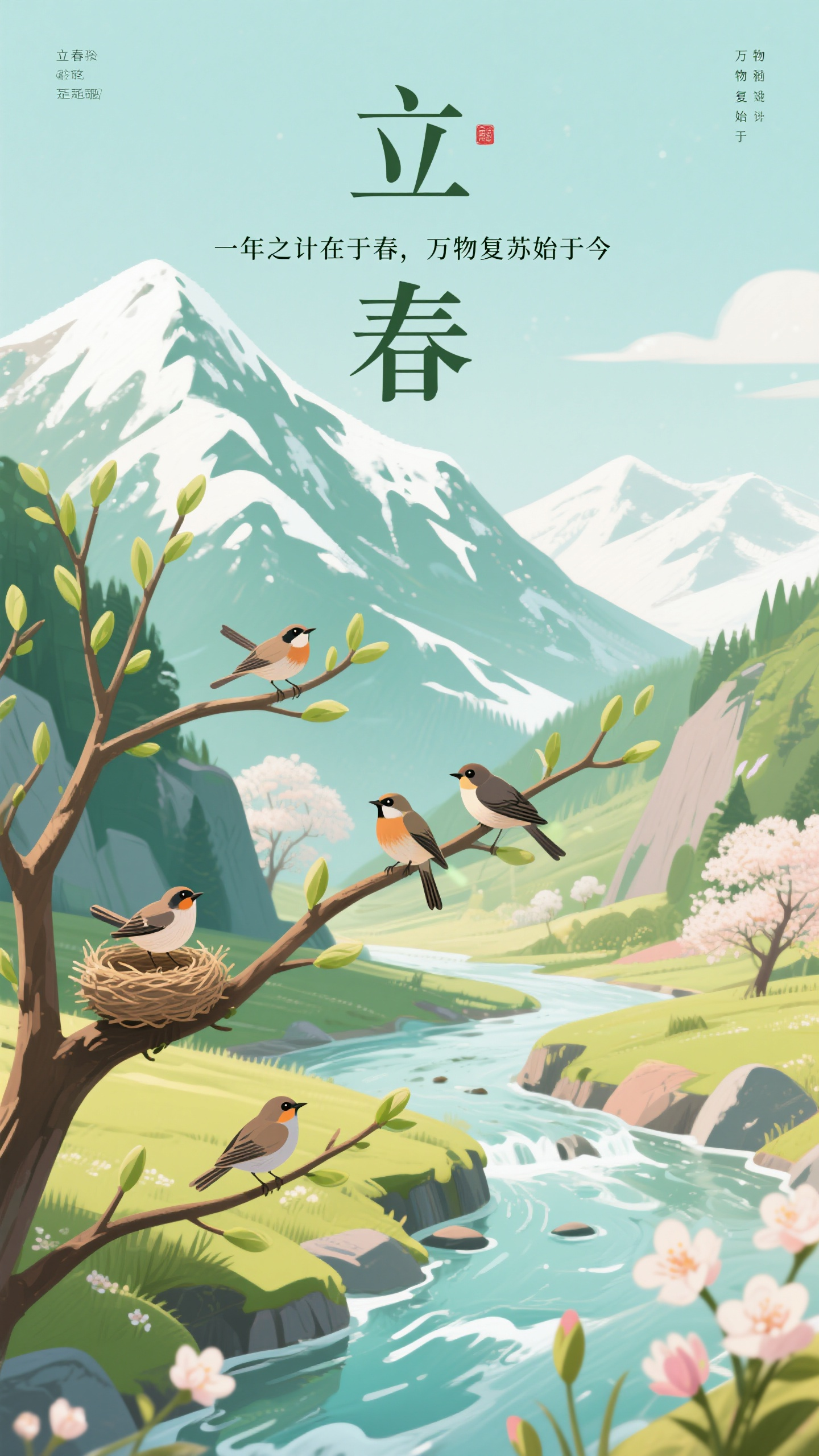 节气海报立春,立春节气海报,平面插画风格,初春时节的山谷,积雪未消的山峰下,嫩芽初绿的枝条,小鸟归巢筑巢,清澈的山溪解冻流淌,早春花朵含苞待放,阳光温和地照射大地,空气清新。大标题"立春"采用清秀的楷体,副标题"一年之计在于春,万物复苏始于今",色调清新淡雅,绿色为主调,充满希望与生机
